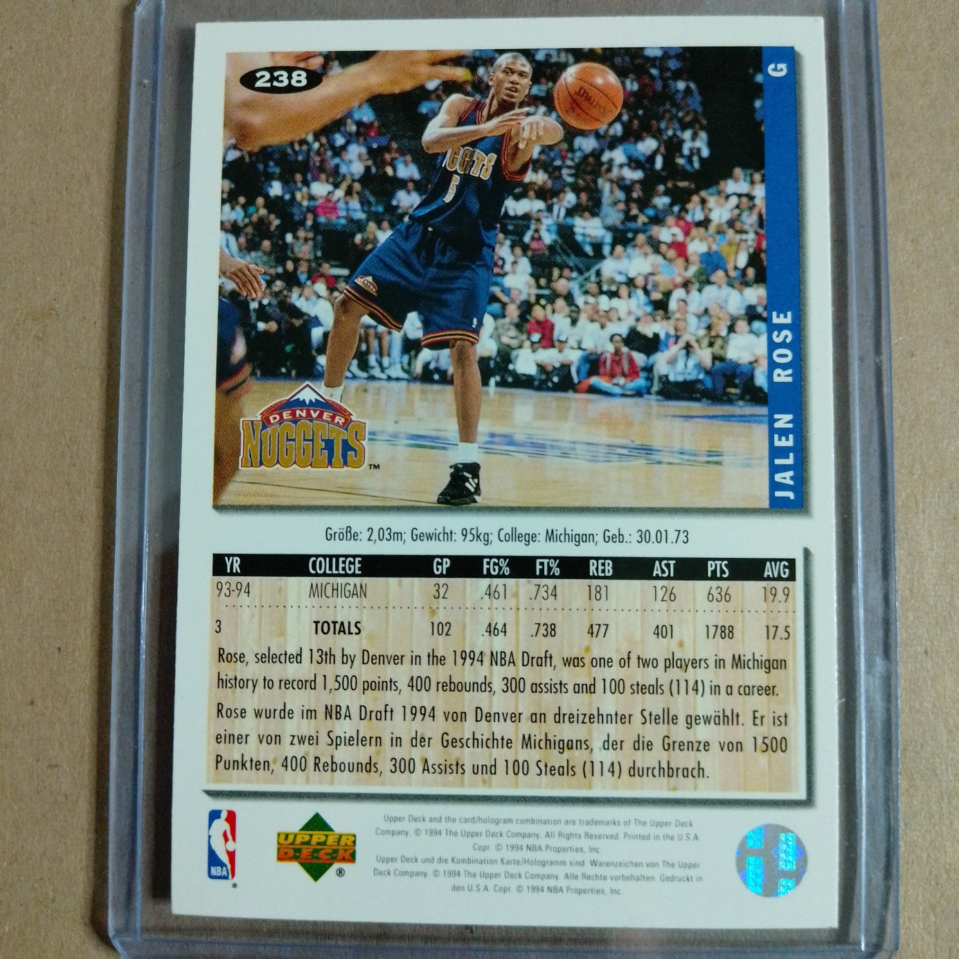 Jalen Rose 1994 Upper-Deck collectors choice rookie #238 NBA Denver Nuggets Excellent