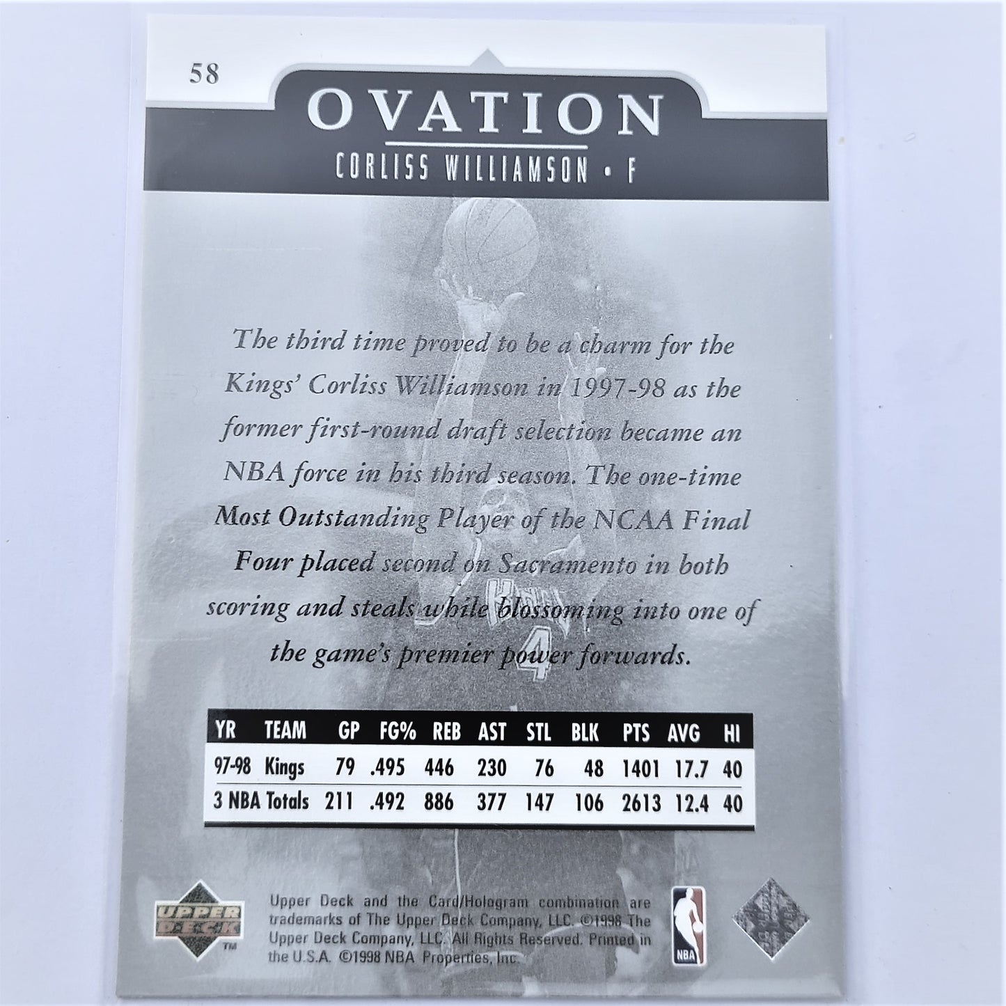 Corliss Williamson 1998 Upper Deck Ovation NBA Basketball #58 Sacramento Kings Mint Sleeved