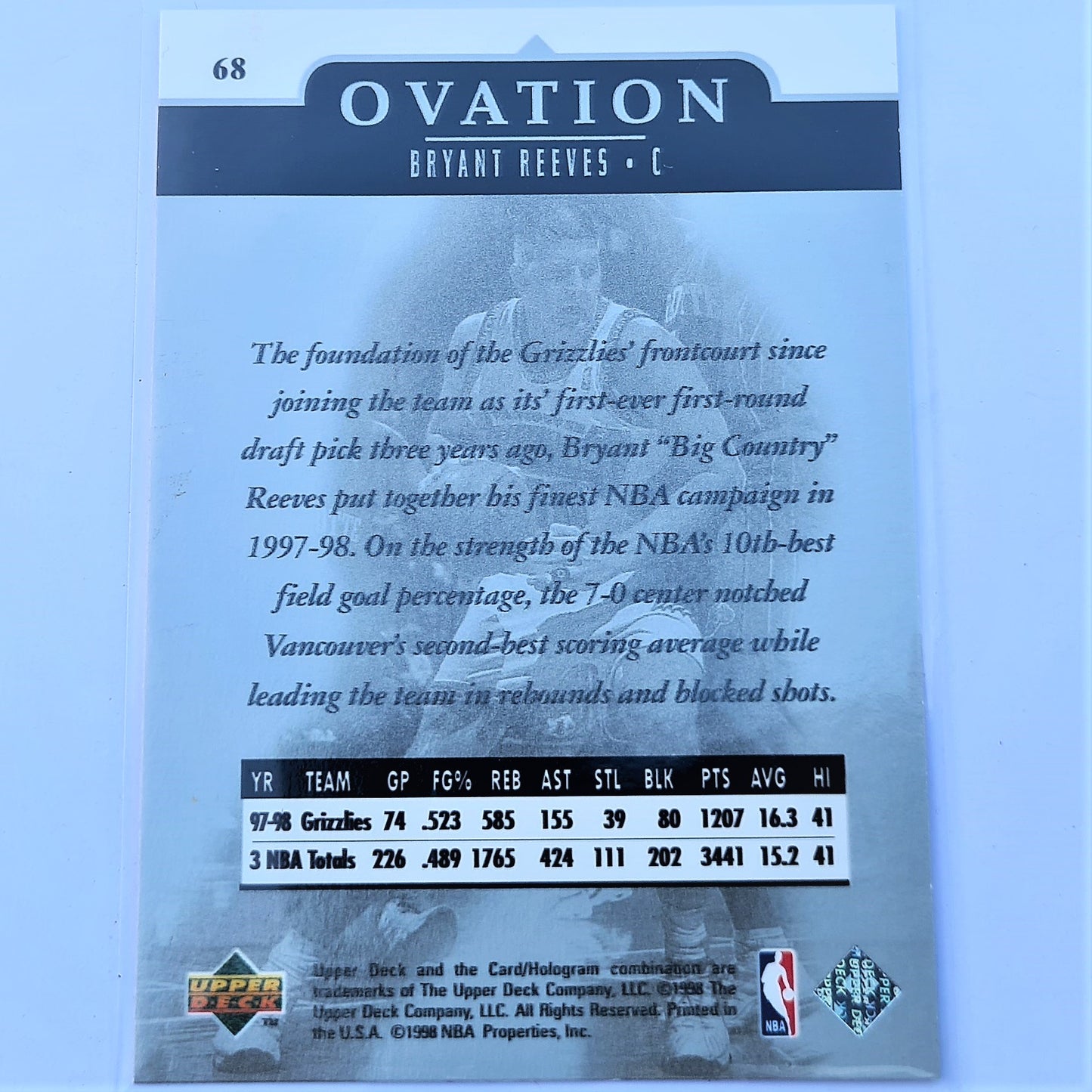 Bryant Reeves 1998 Upper Deck Ovation NBA Basketball #68 Vancouver Grizzlies Mint Sleeved