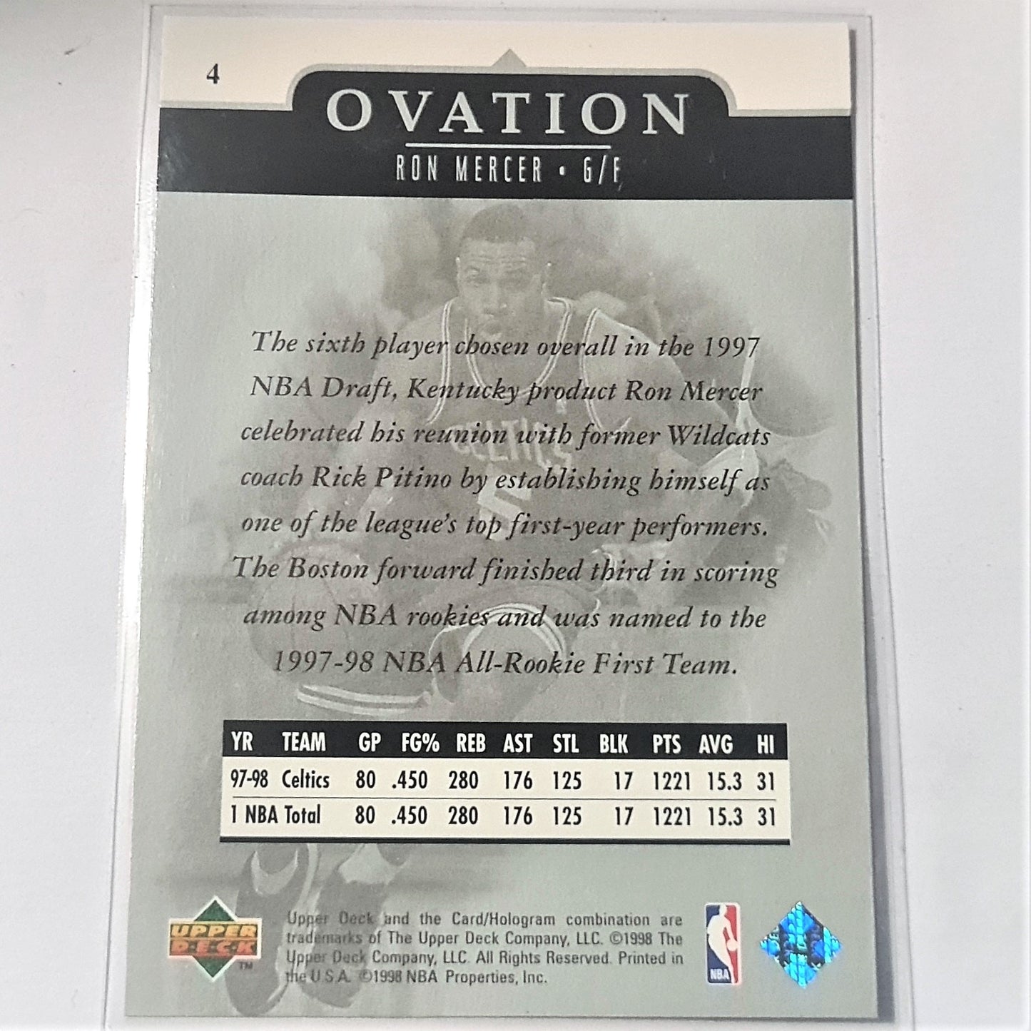 Ron Mercer 1998 Upper Deck Ovation NBA Basketball #4 Boston Celtics Mint Sleeved