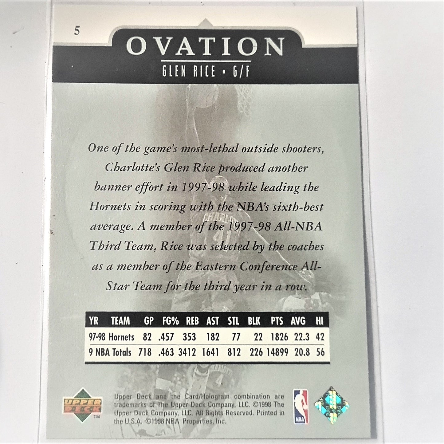Glen Rice 1998 Upper Deck Ovation NBA Basketball #5 Charlotte Hornets Mint Sleeved