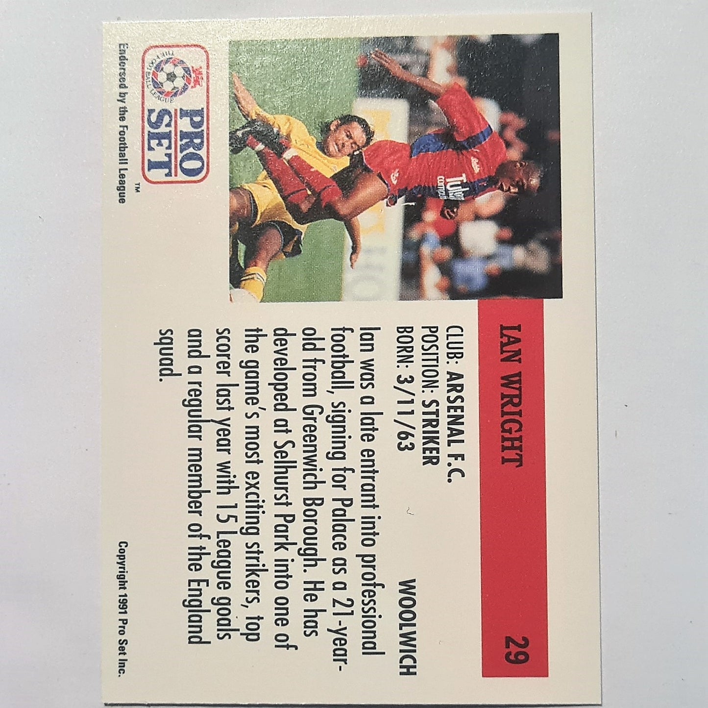 Ian Wright 1991-92 Pro Set Football League Soccer #29 Crystal Palace Arsenal Case Fresh Sleeved stunning example