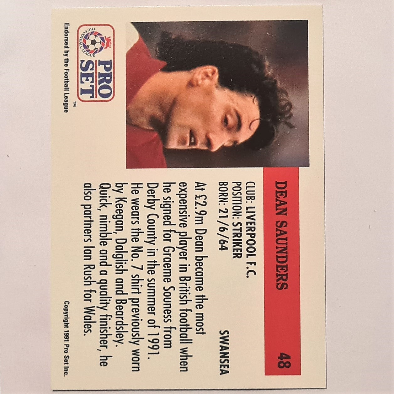 Dean Saunders 1991-92 Pro Set Football League Soccer #48 Liverpool Case Fresh Sleeved stunning example