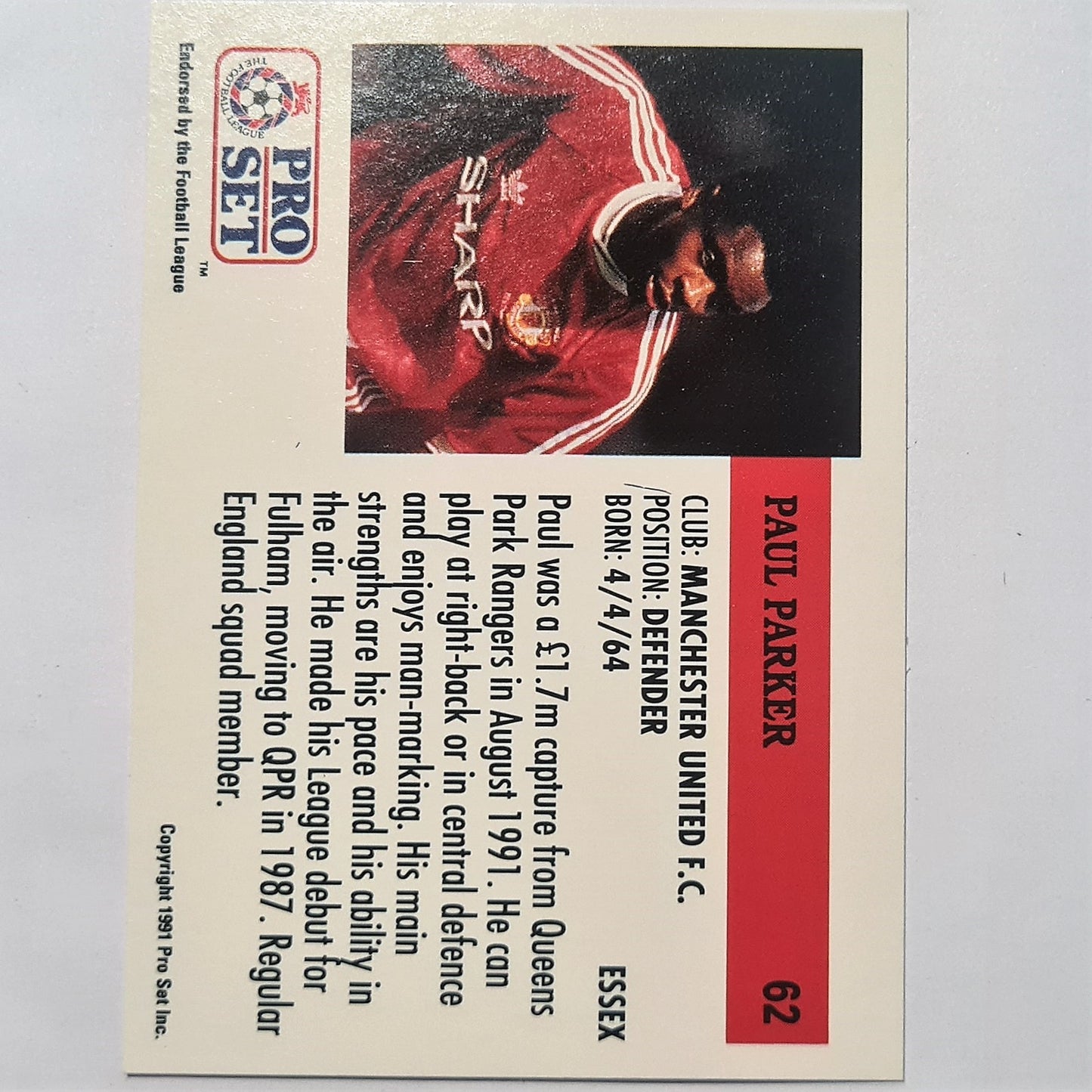 Paul Parker 1991-92 Pro Set Football League Soccer #62 Manchester United Case Fresh Sleeved stunning example