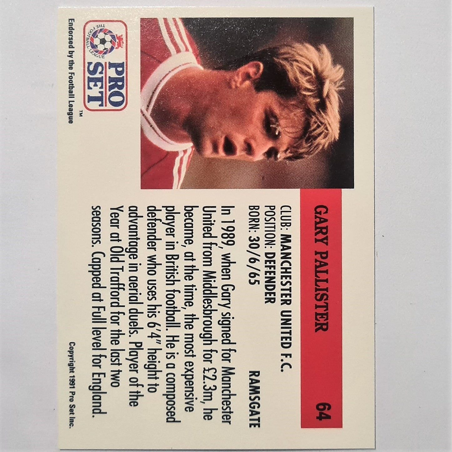 Gary Pallister 1991-92 Pro Set Football League Soccer #64 Manchester United Case Fresh Sleeved stunning example
