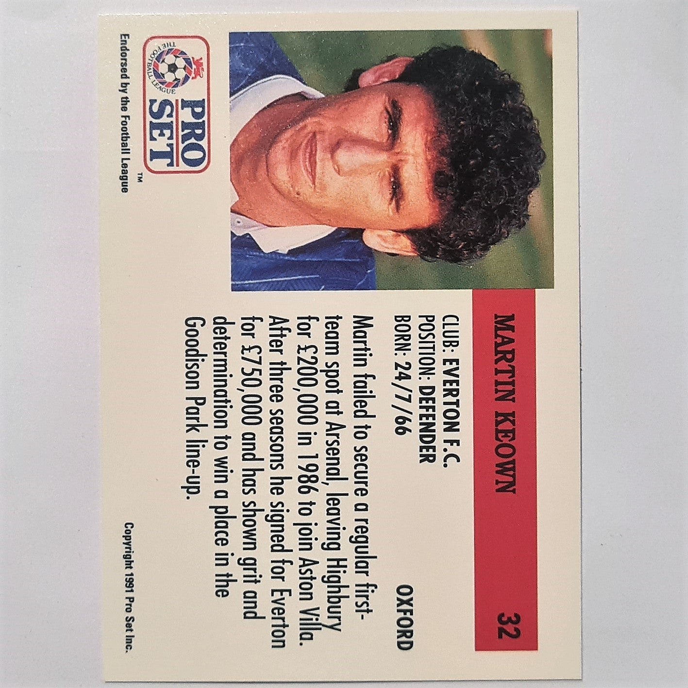 Martin Keown 1991-92 Pro Set Football League Soccer #32 Everton Case Fresh Sleeved stunning example