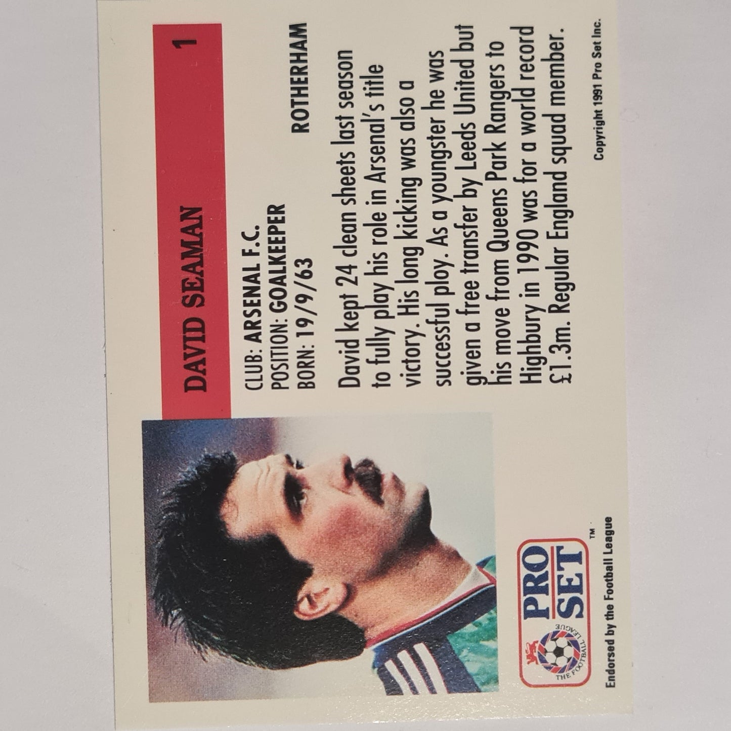 David Seaman 1991-92 Pro Set Football League Soccer #1 Arsenal Case Fresh Sleeved stunning example