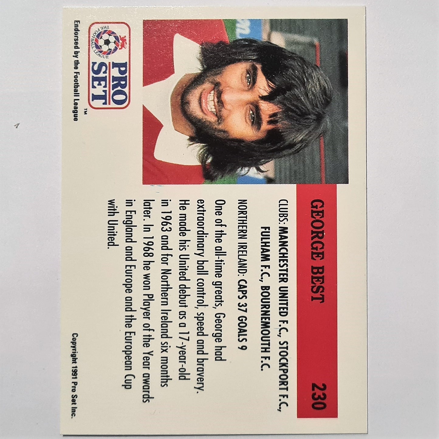 George Best Legend card 1991-92 Pro Set Football League Soccer #230 Manchester United Northern Ireland Case Fresh Sleeved stunning example