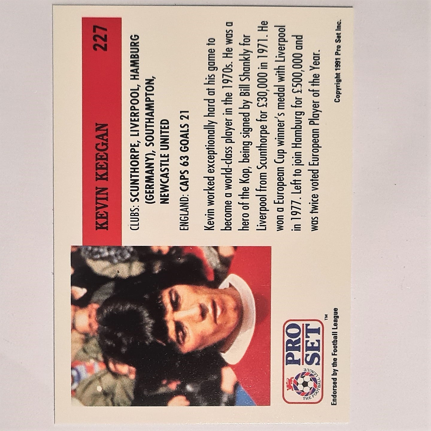 Kevin Keegan Legend card 1991-92 Pro Set Football League Soccer #227 Liverpool England Case Fresh Sleeved stunning example