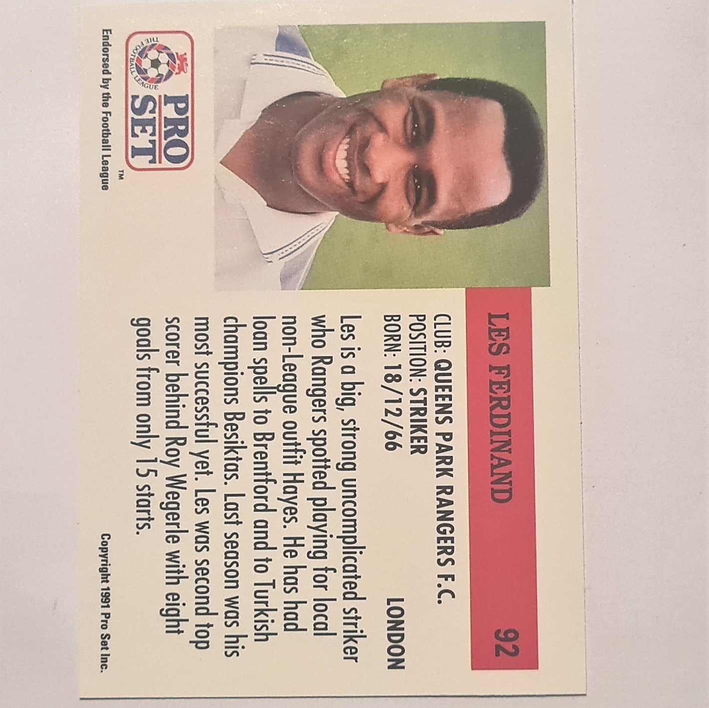 Les Ferdinand 1991-92 Pro Set Football League Soccer #92 QPR Queens park rangers Case Fresh Sleeved stunning example