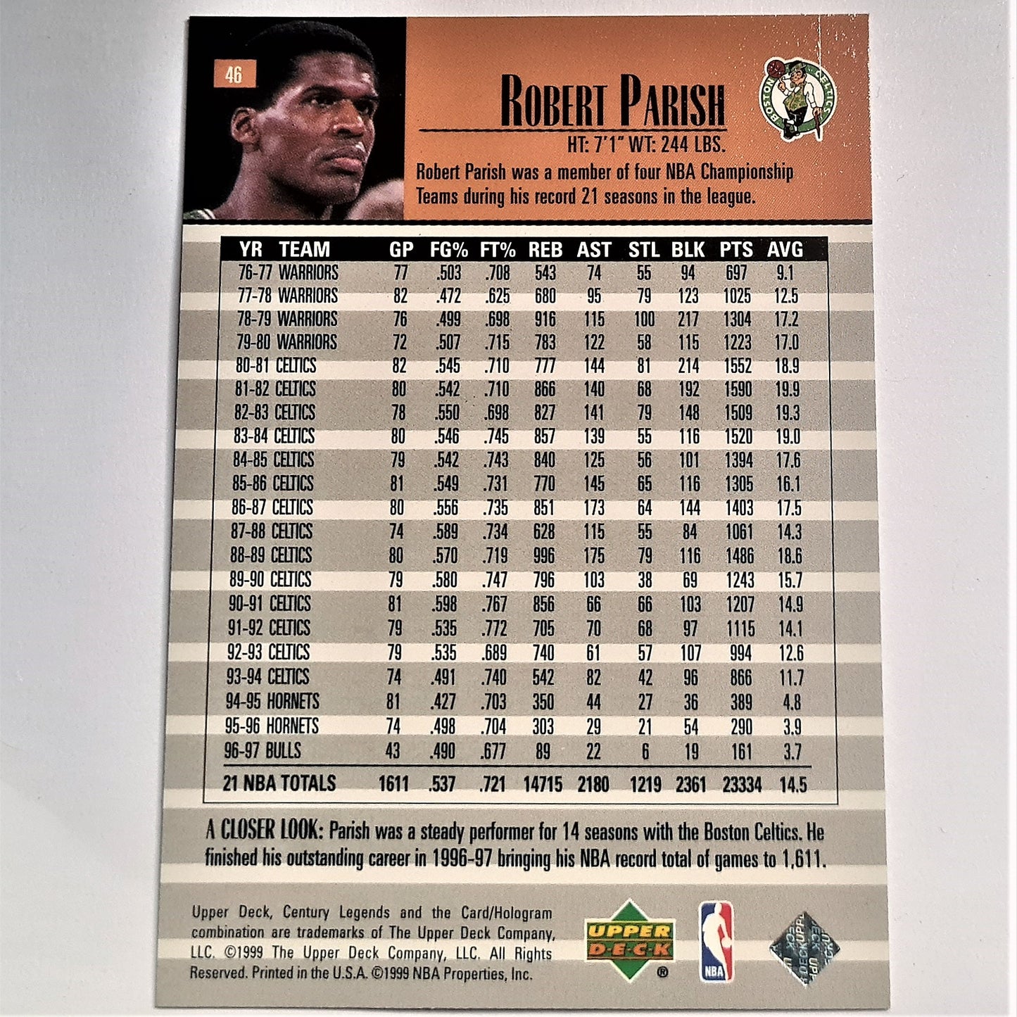 Robert Parish 1999 Upper Deck Century Legends #46 Top 50 Spieler NBA Basketball Boston Celtics Mint Sleeved