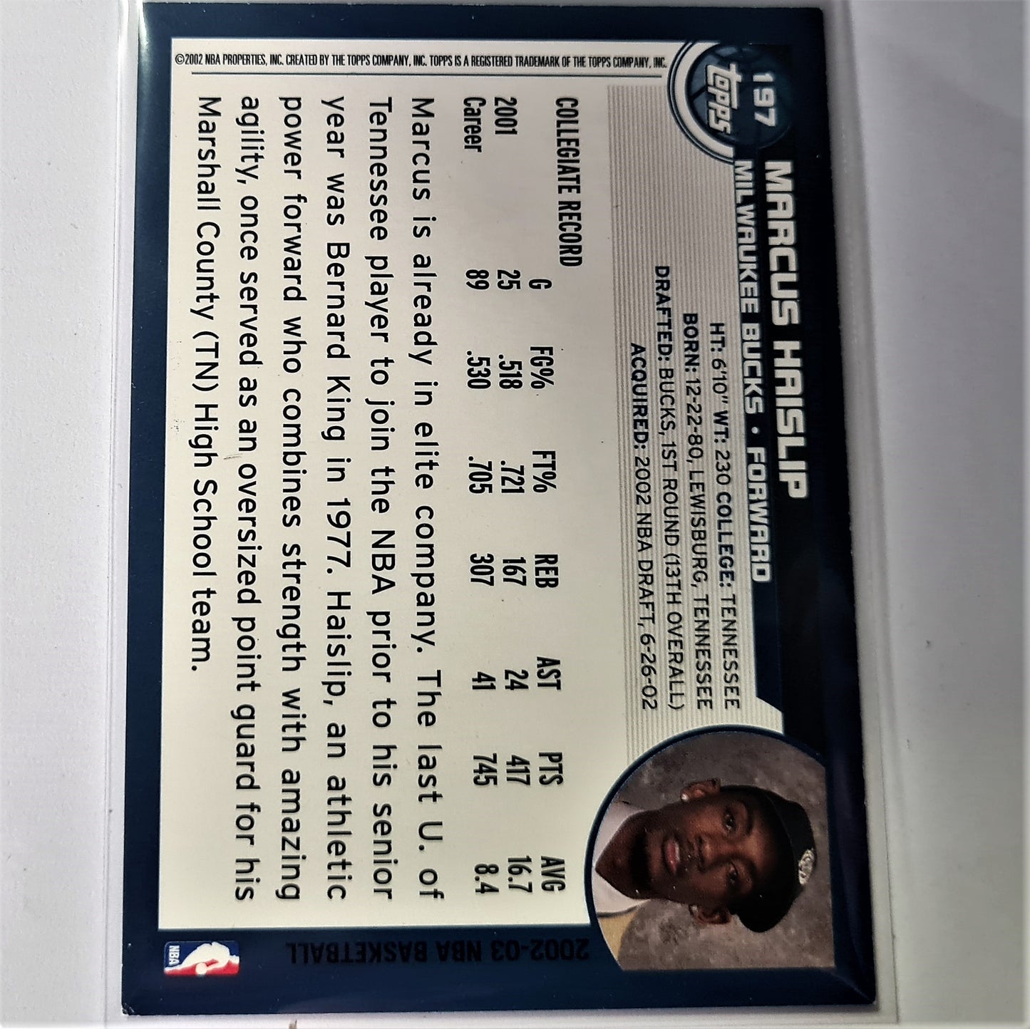 Marcus Haislip 2002 Topps #197 NBA Basketball Rookie Milwaukee Bucks FAIR/GOOD Sleeved