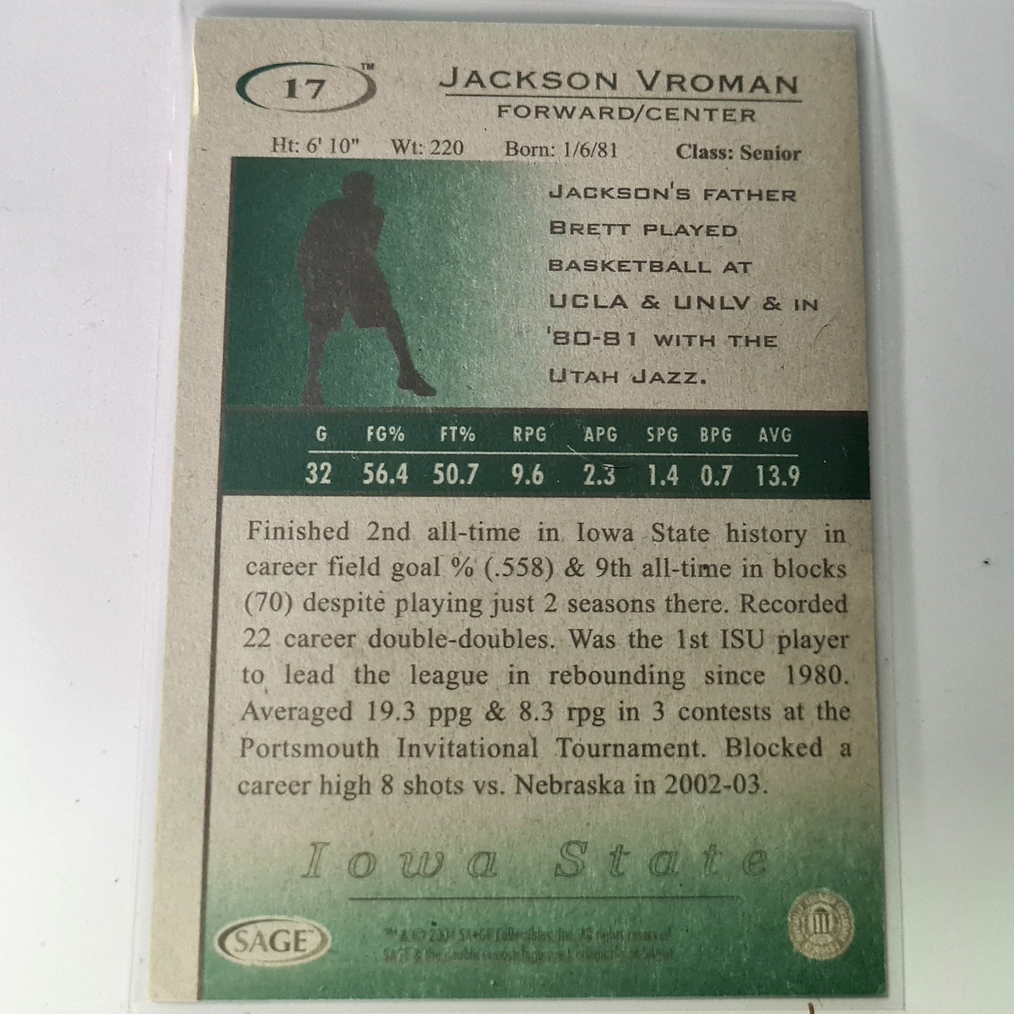 Jackson Vroman 2004 HIT Basketball #17 rookie Iowa State card fair condition sleeved