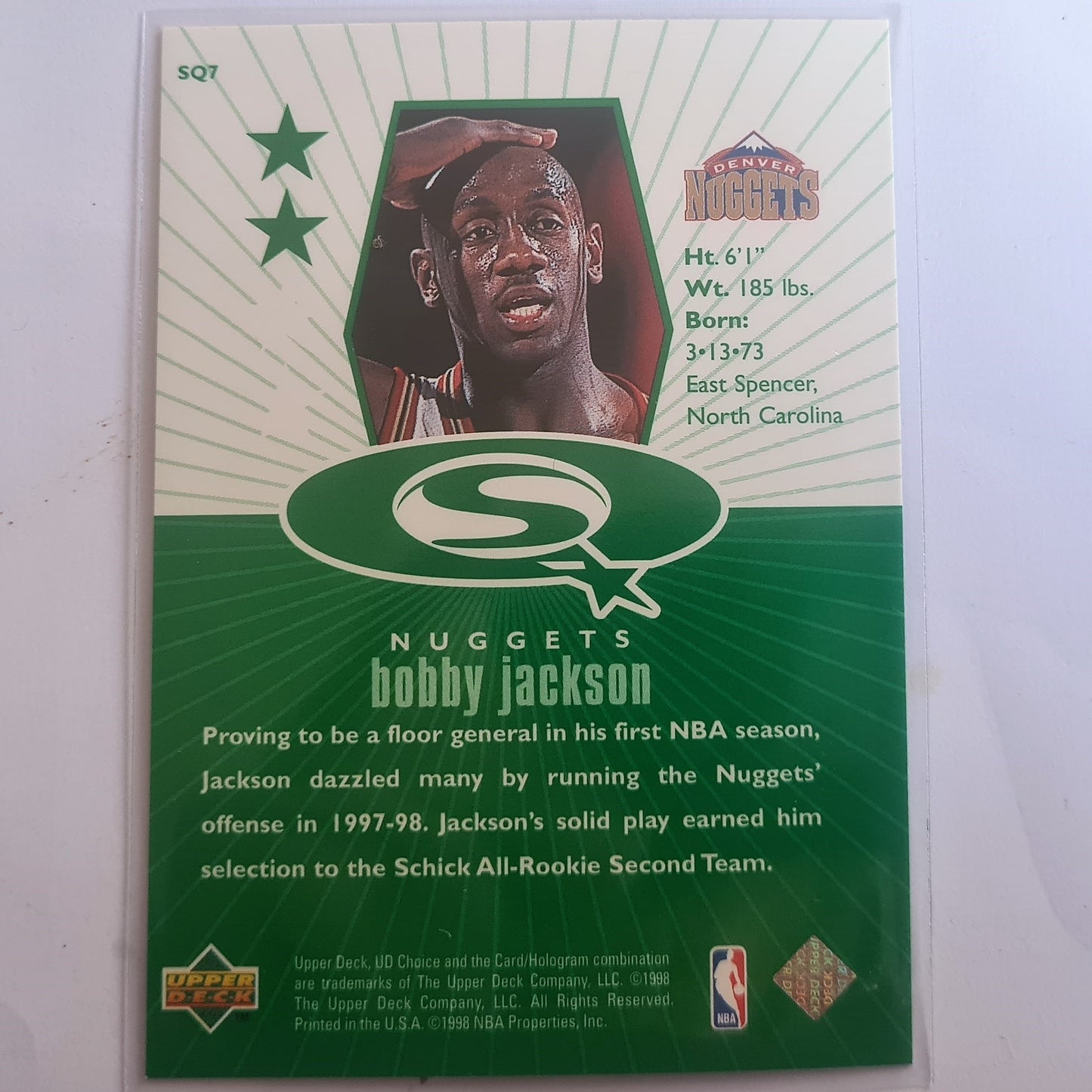 Bobby Jackson 1998 Upper Deck Starquest SQ7 NBA Basketball Seltene grüne Variante Denver Nuggets Mint Sleeved