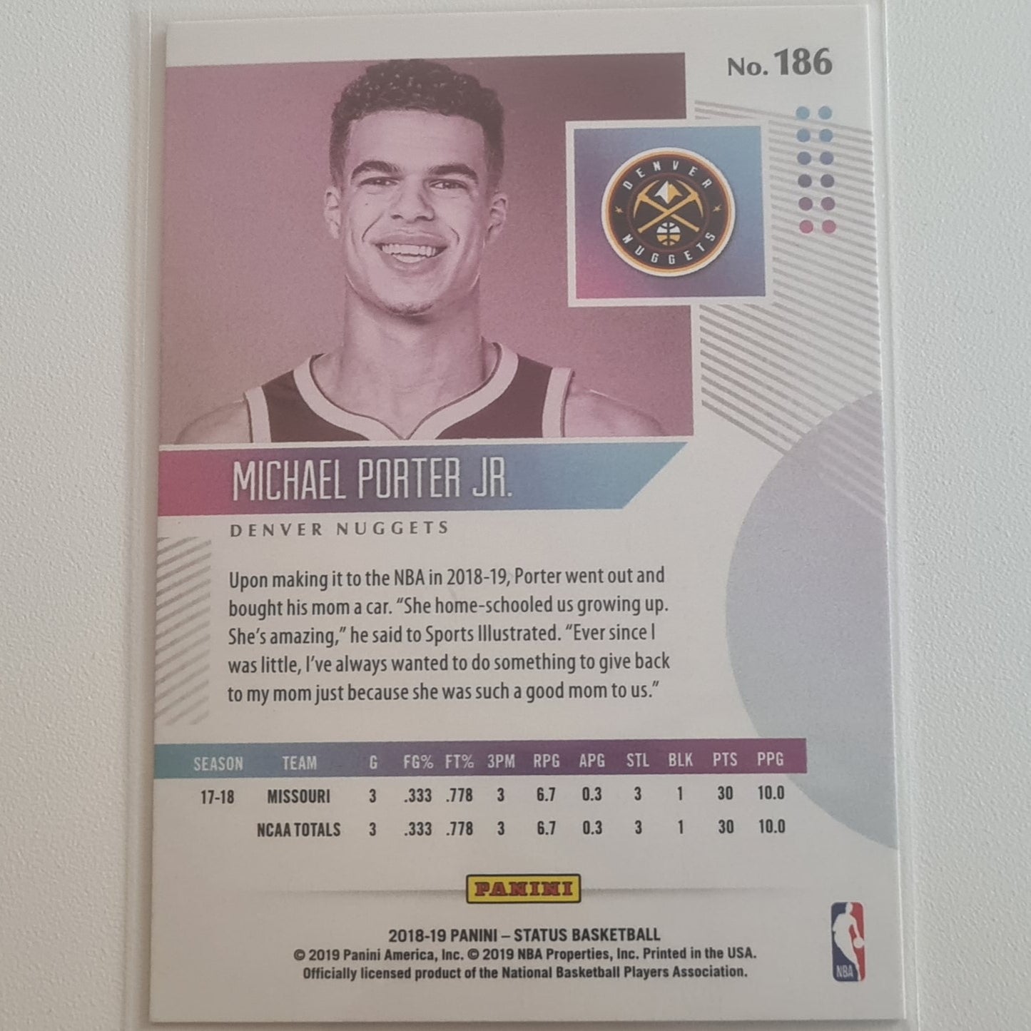Michael Porter Jr 2018-19 Panini Status #186 NBA Basketball Denver Nuggets Mint Sleeved