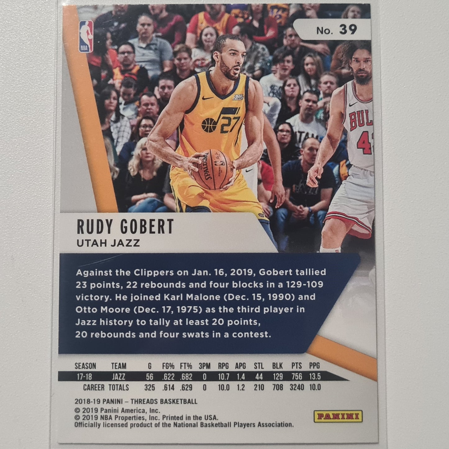 Rudy Gobert 2018-19 Panini Threads #39 NBA Basketball Utah Jazz Mint Sleeved