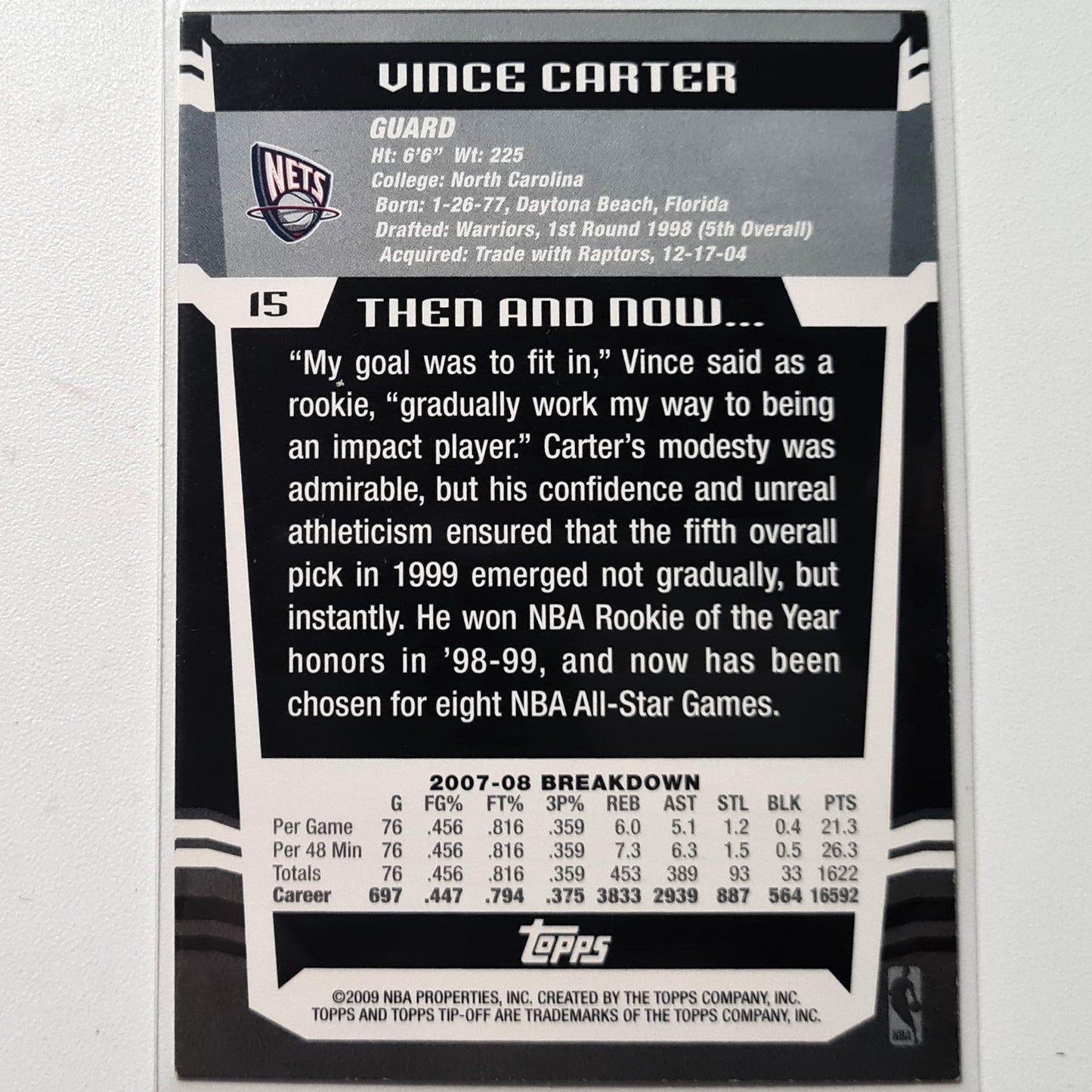 Vince Carter 2009 Topps Tip Off #15 NBA Basketball New Jersey Nets Superb sleeved