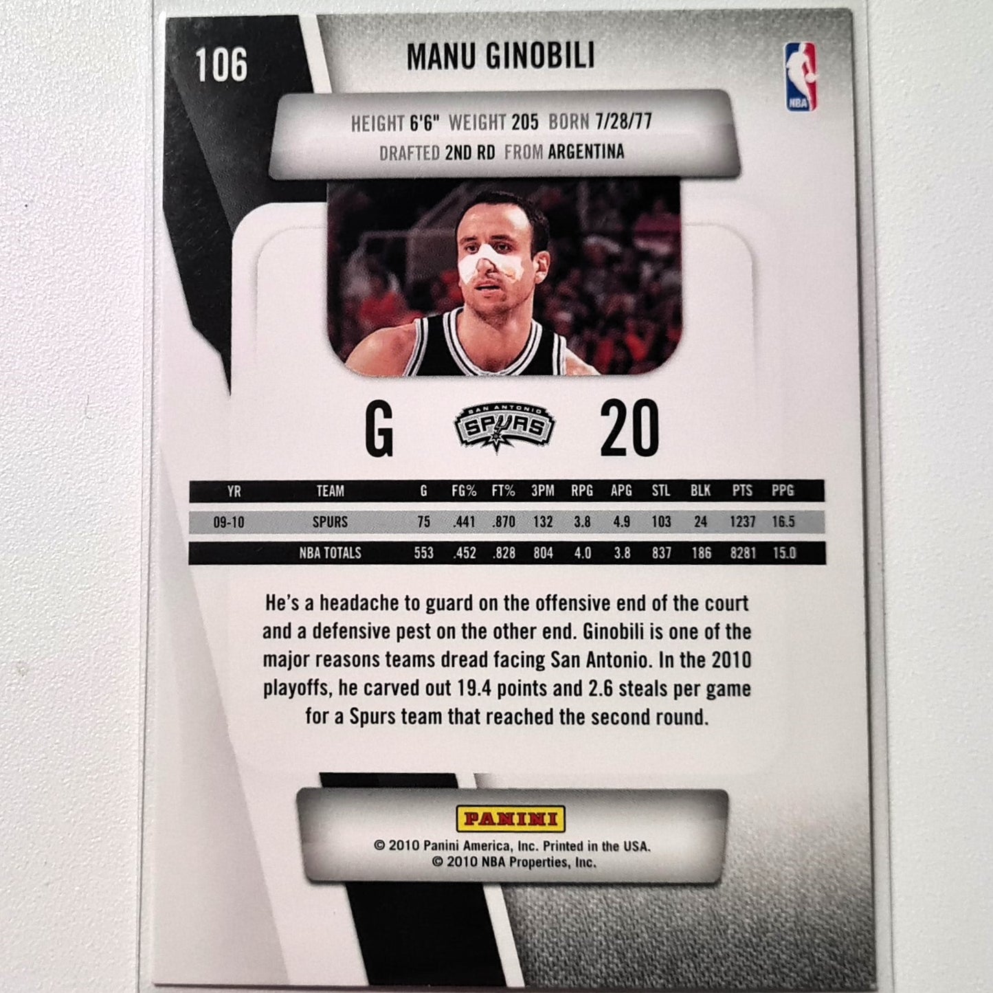 Manu Ginobili 2010-11 Panini Prestige #106 NBA Basketball San Antonio Spurs Very Good sleeved