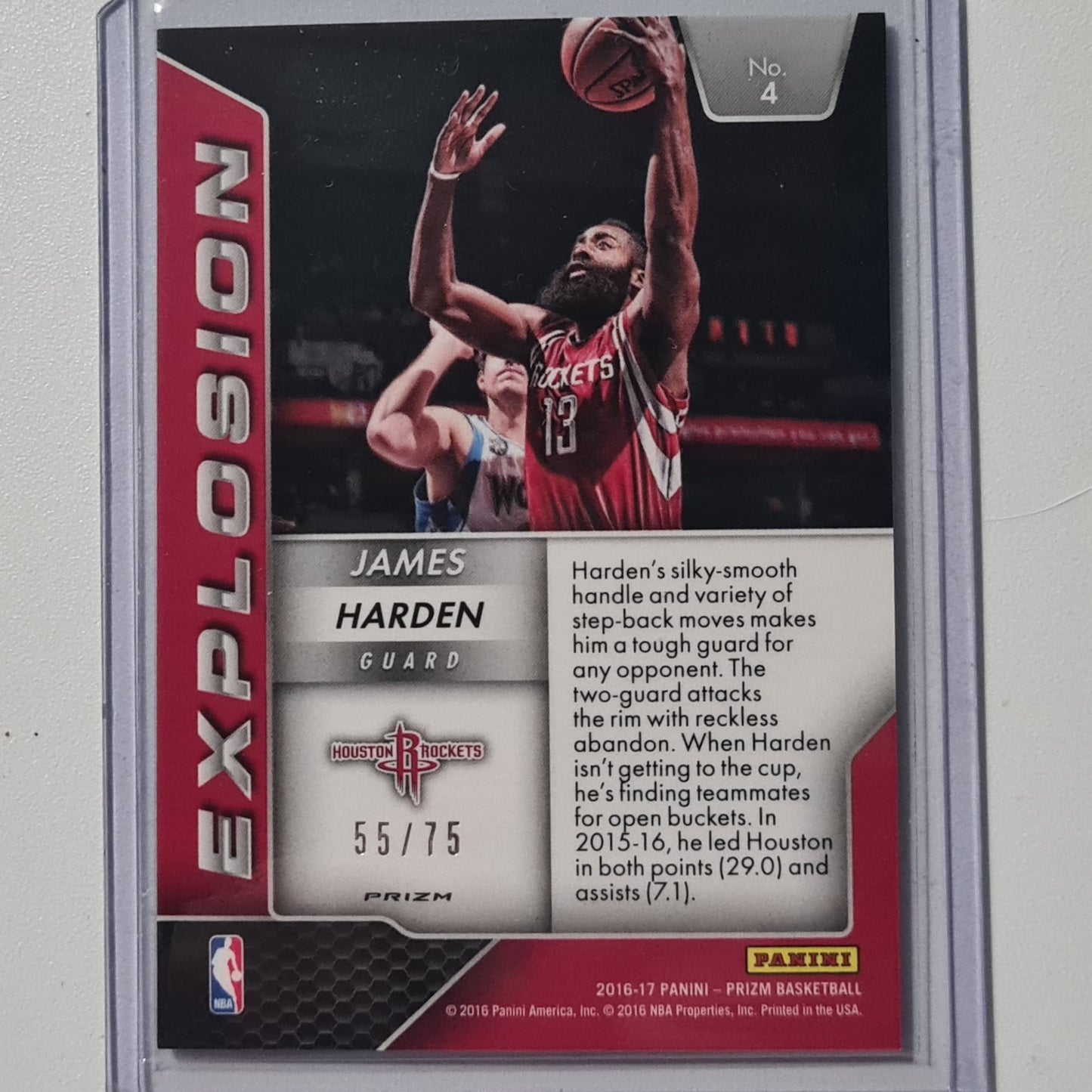 James Harden 2016-17 Panini Prizm Explosion Purple 55/75 Rare #4 NBA Basketball Houston Rockets Mint Sleeved cased