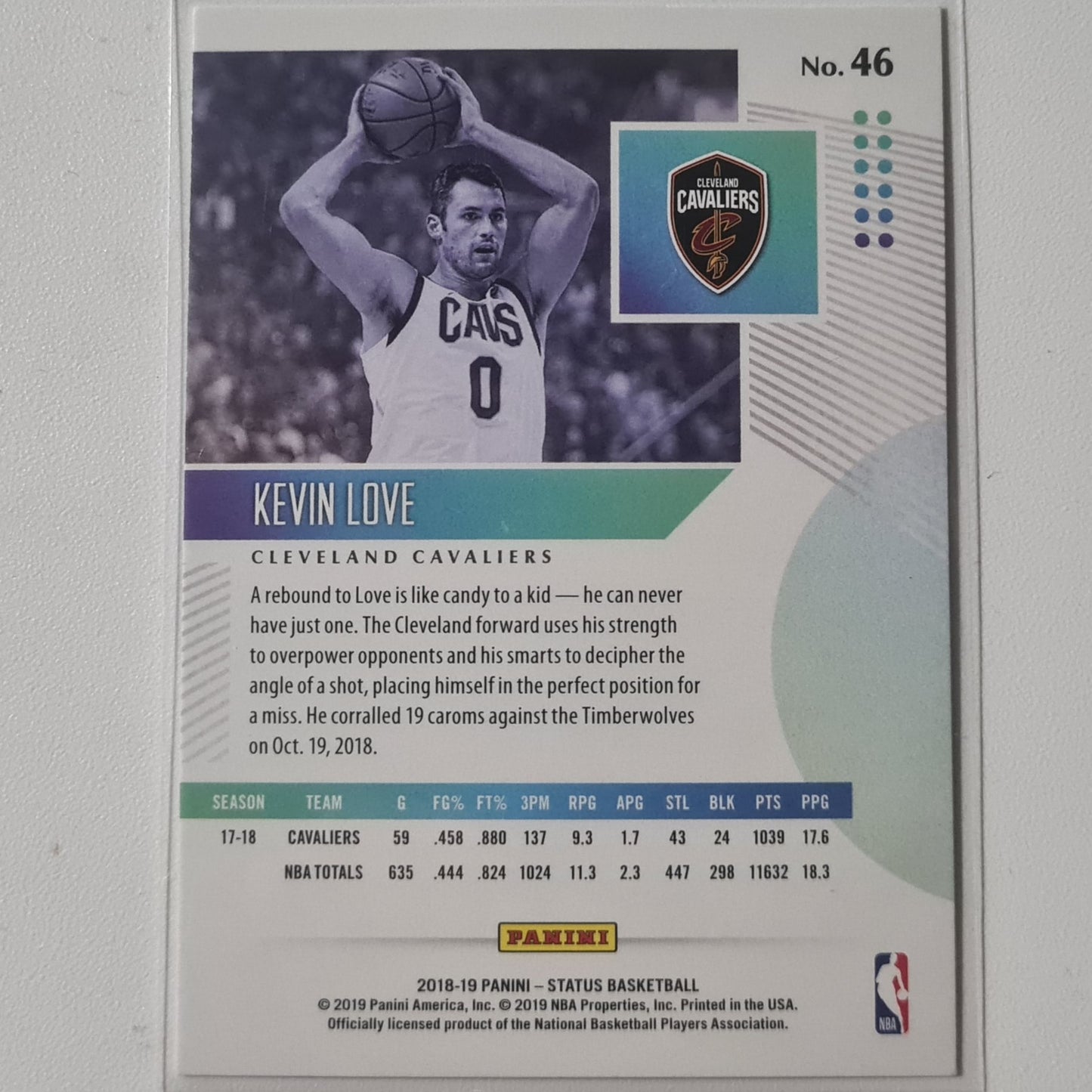 Kevin Love 2018-19 Panini Status #46 NBA Basketball Team Cleveland Cavaliers Very good Sleeved
