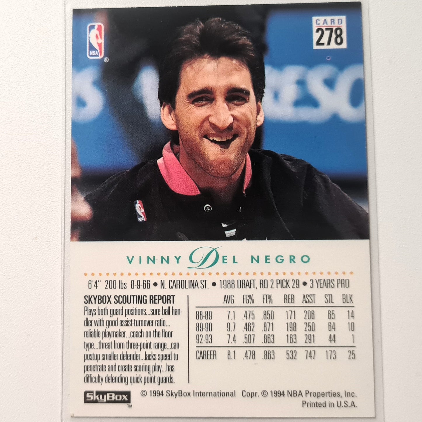 Vinny Del Negro 1994 Skybox 93-94 edition #278 NBA Basketball San Antonio Spurs Fair Sleeved