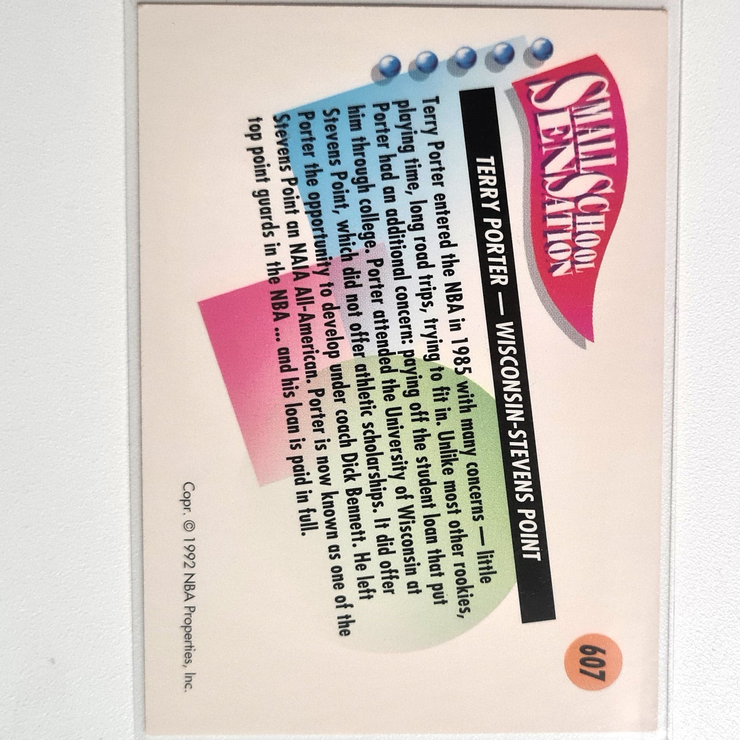 Terry Porter 1992 Skybox Small School Sensation #607 NBA Basketball Portland Trail Blazers Sehr gute Ärmel