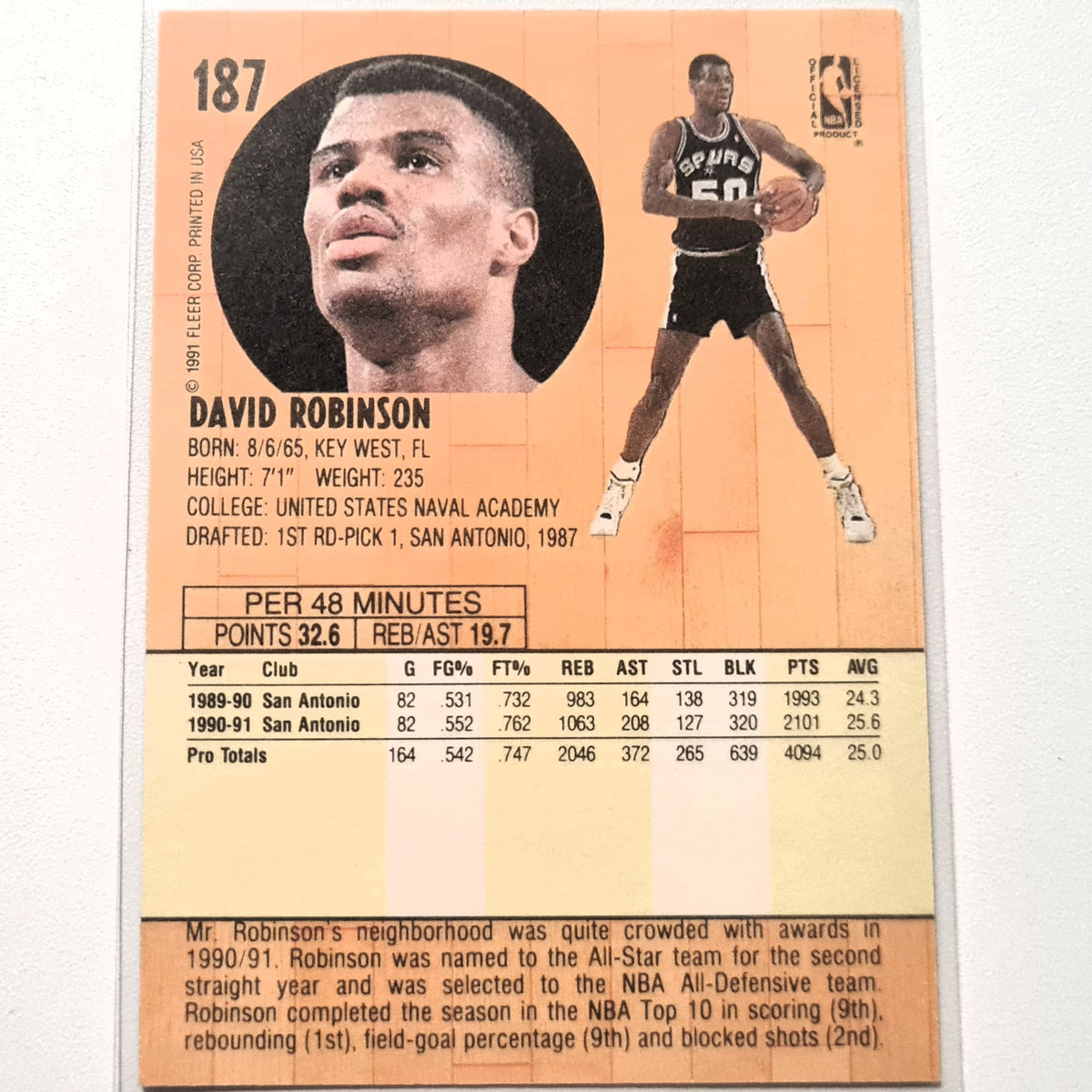 David Robinson 1991 Fleer 91 #187 NBA Basketball San Antonio Spurs good sleeved