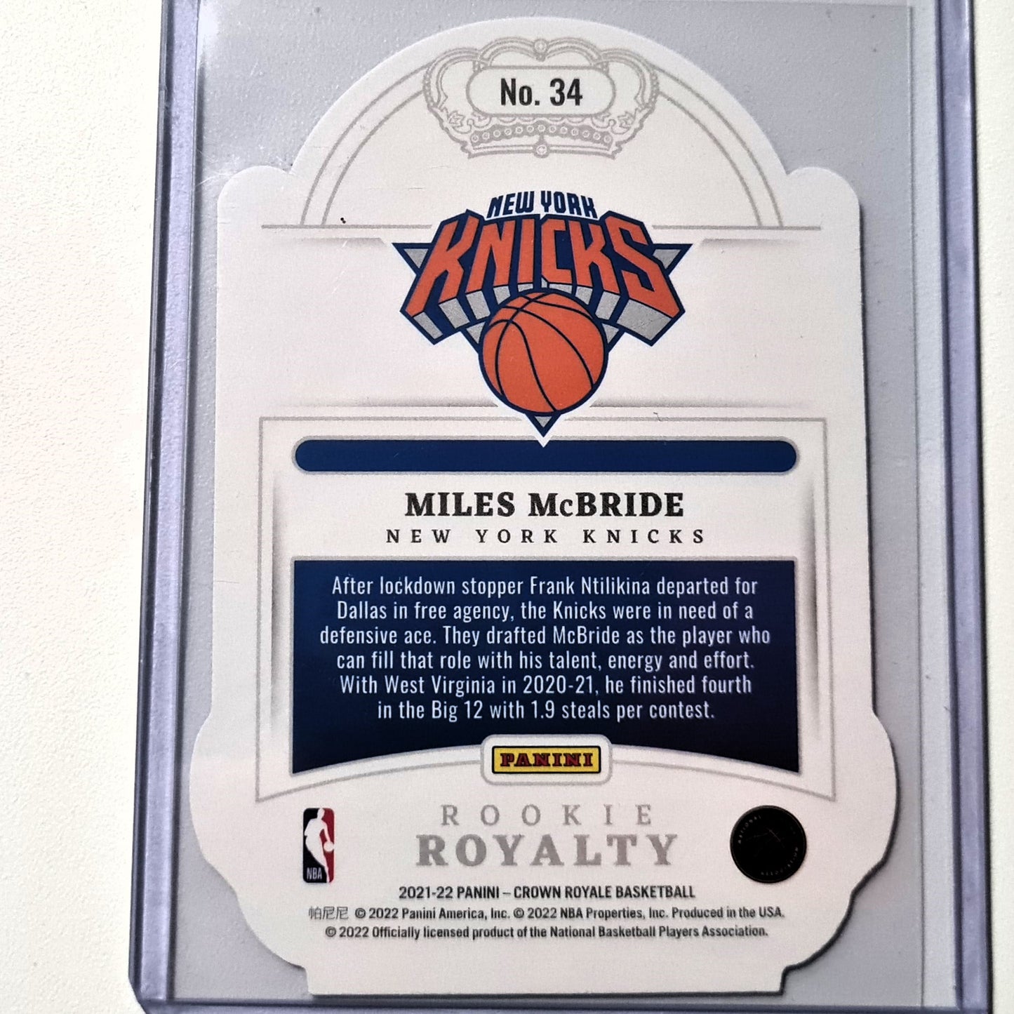 Miles McBride 2021-22 Panini Crown Royalty Rookie #34 28/75 NBA Basketball New York Knicks Mint Sleeved