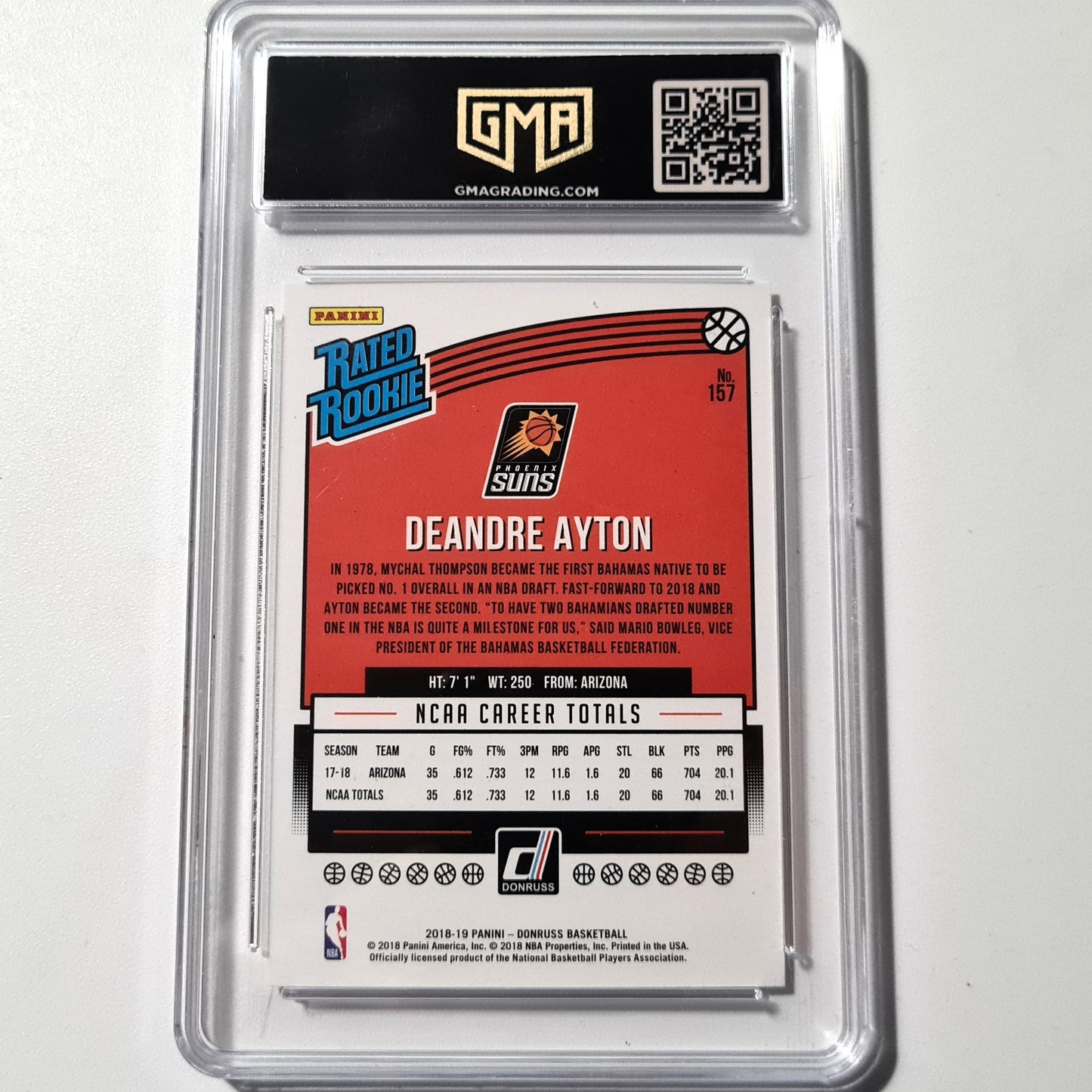 Deandre Ayton 2018-19 Panini Donruss Rated Rookie #157 NBA Basketball Phoenix Suns GMA MINT 9 Mit der Bewertung „slabbed“.