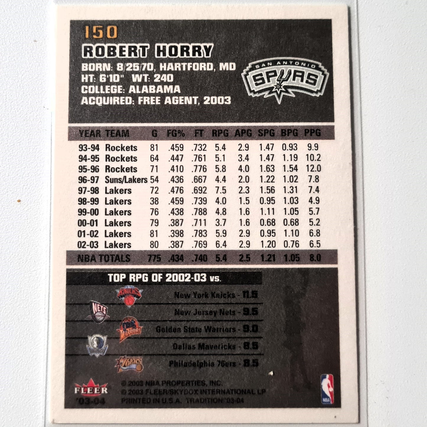 Robert Horry 2003 Fleer tradition 03-04 #150 NBA Basketball San Antonio Spurs Good-Very Good Sleeved