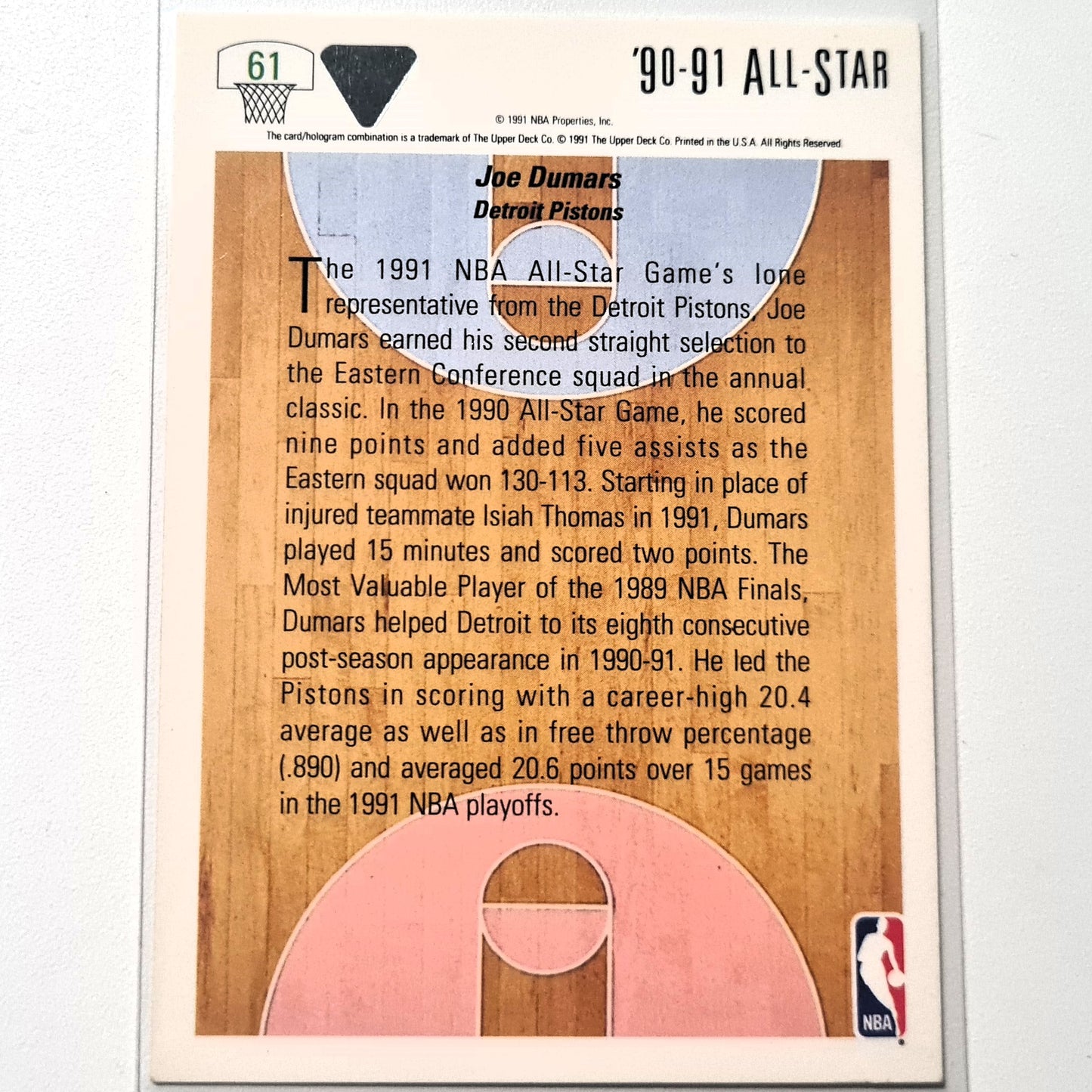 Joe Dumars 1991 Upper Deck #61 NBA Basketball East All-Star Excellent Sleeved