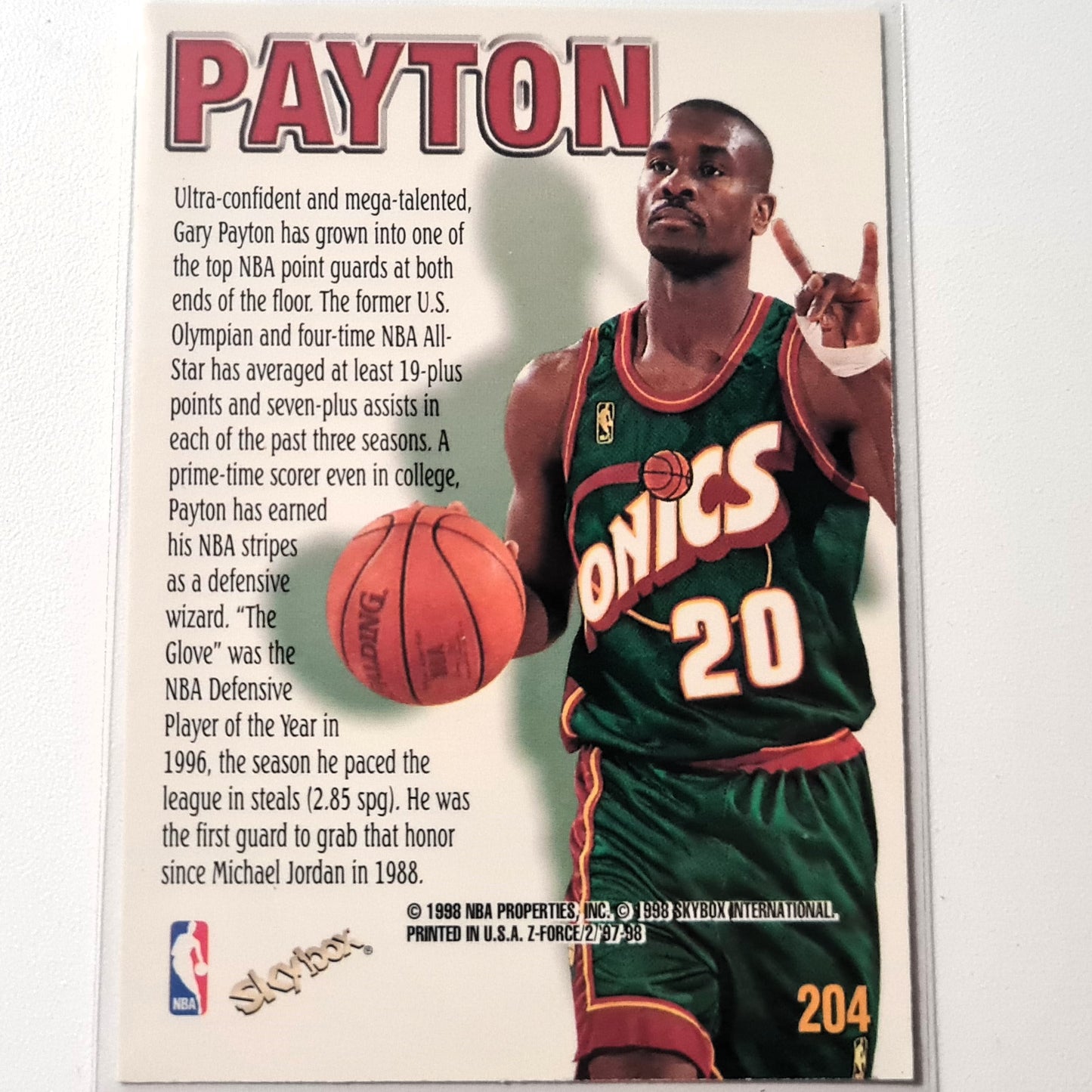 Gary Payton 1996 Fleer Skybox Z-Force Zupermen #204 NBA Basketball Seattle Super Sonics Excellent/Mint Sleeved