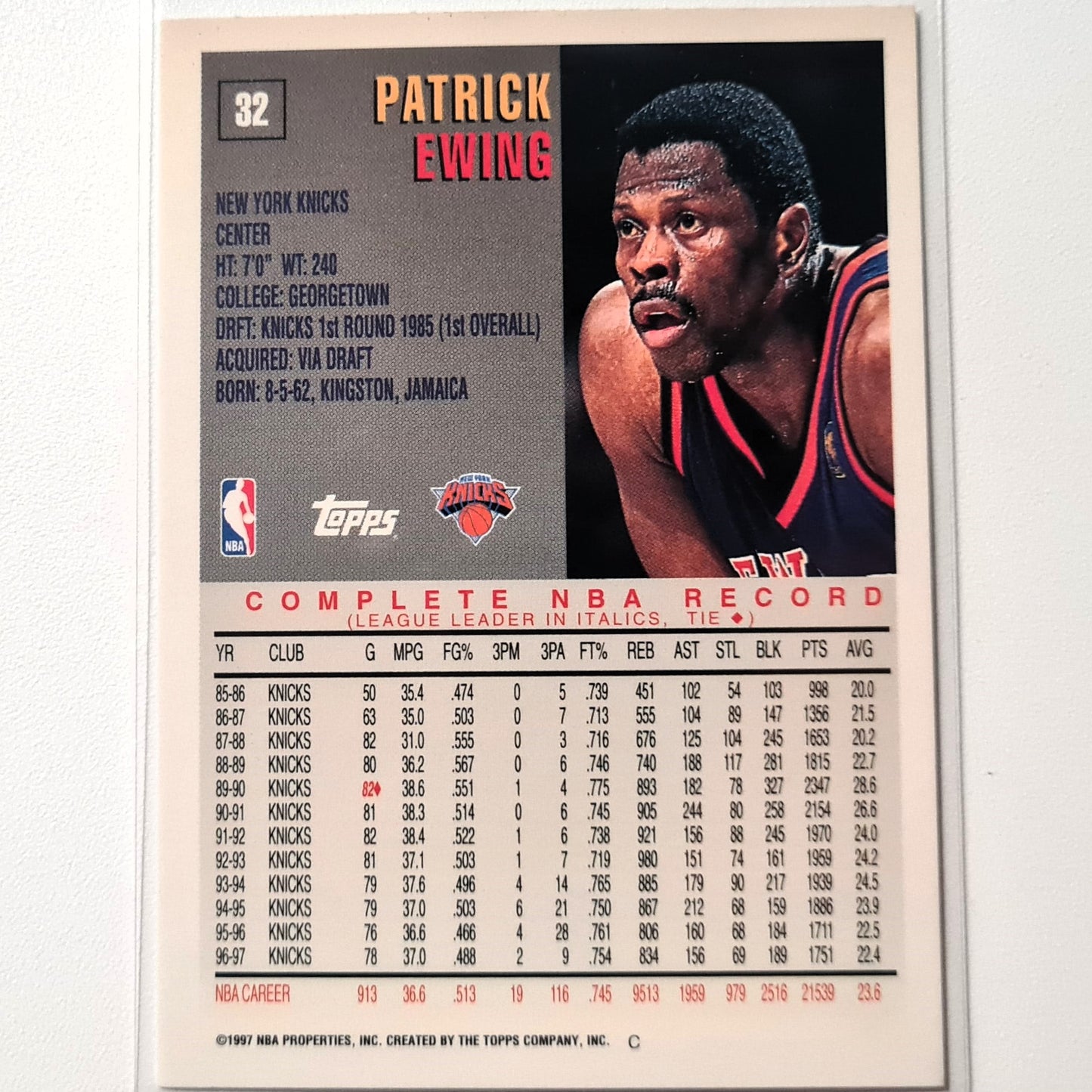 Patrick Ewing 1997 Topps #32 NBA Basketball New York Knicks Excellent Sleeved