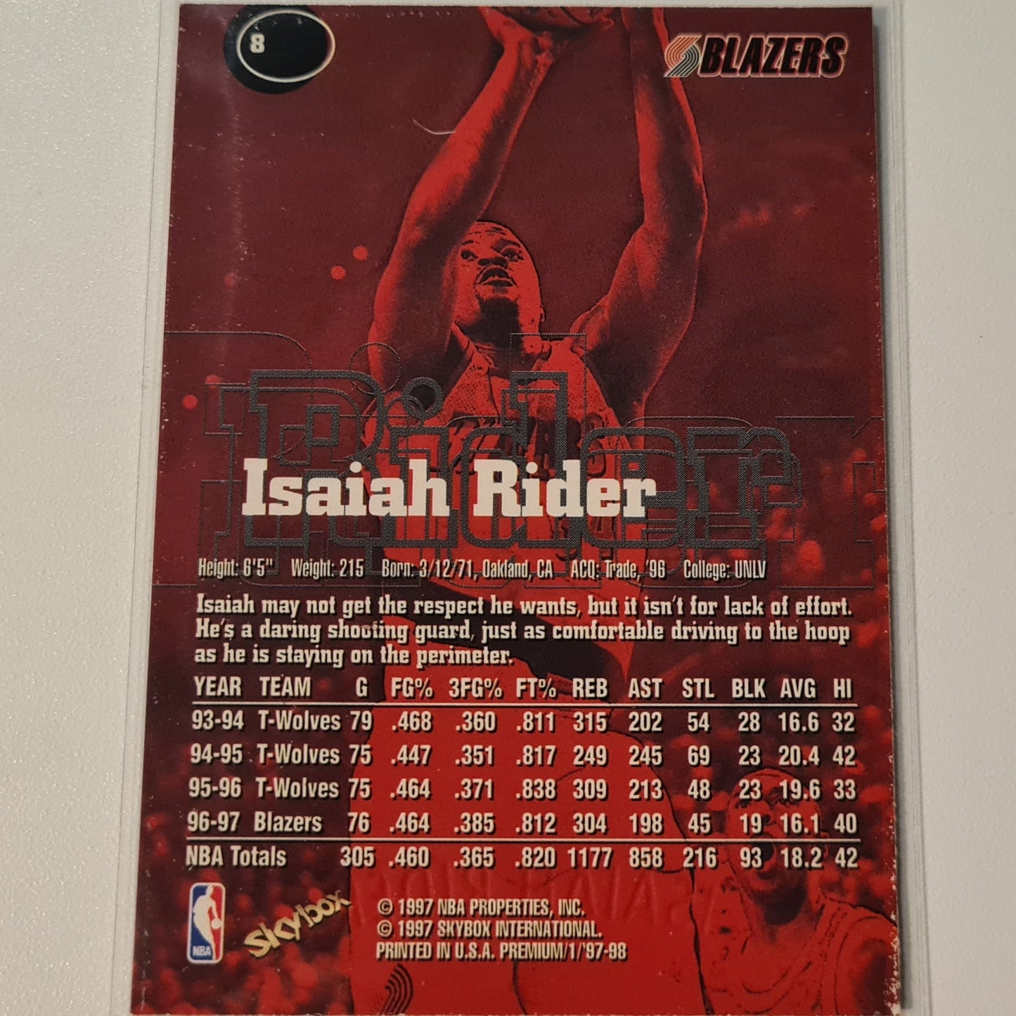 Isaiah Rider 1997 Fleer Premium #8 NBA Basketball Portland Trail Blazers Gute Ärmel