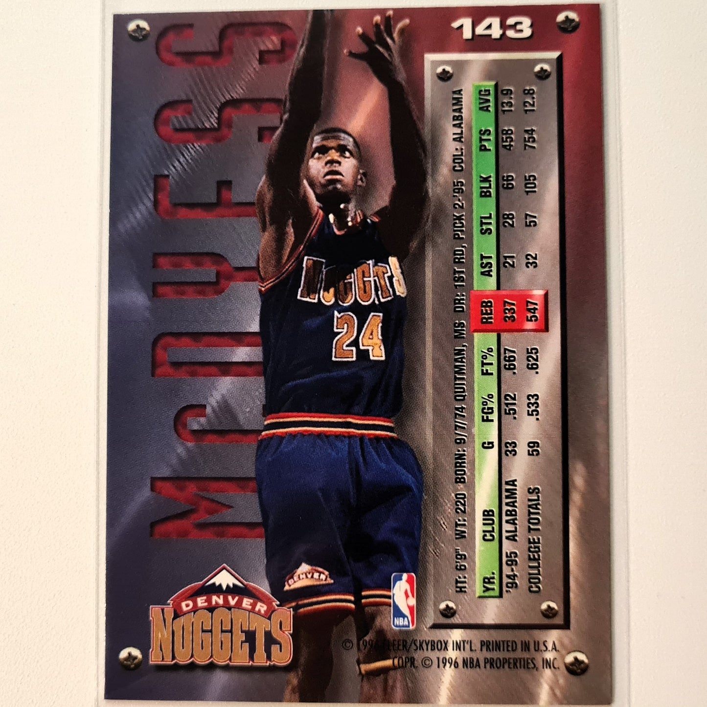 Antonio McDyess 1996 Fleer Metal 95-96 #143 Rookie RC Card NBA Basketball Denver Nuggets Excellent sleeved
