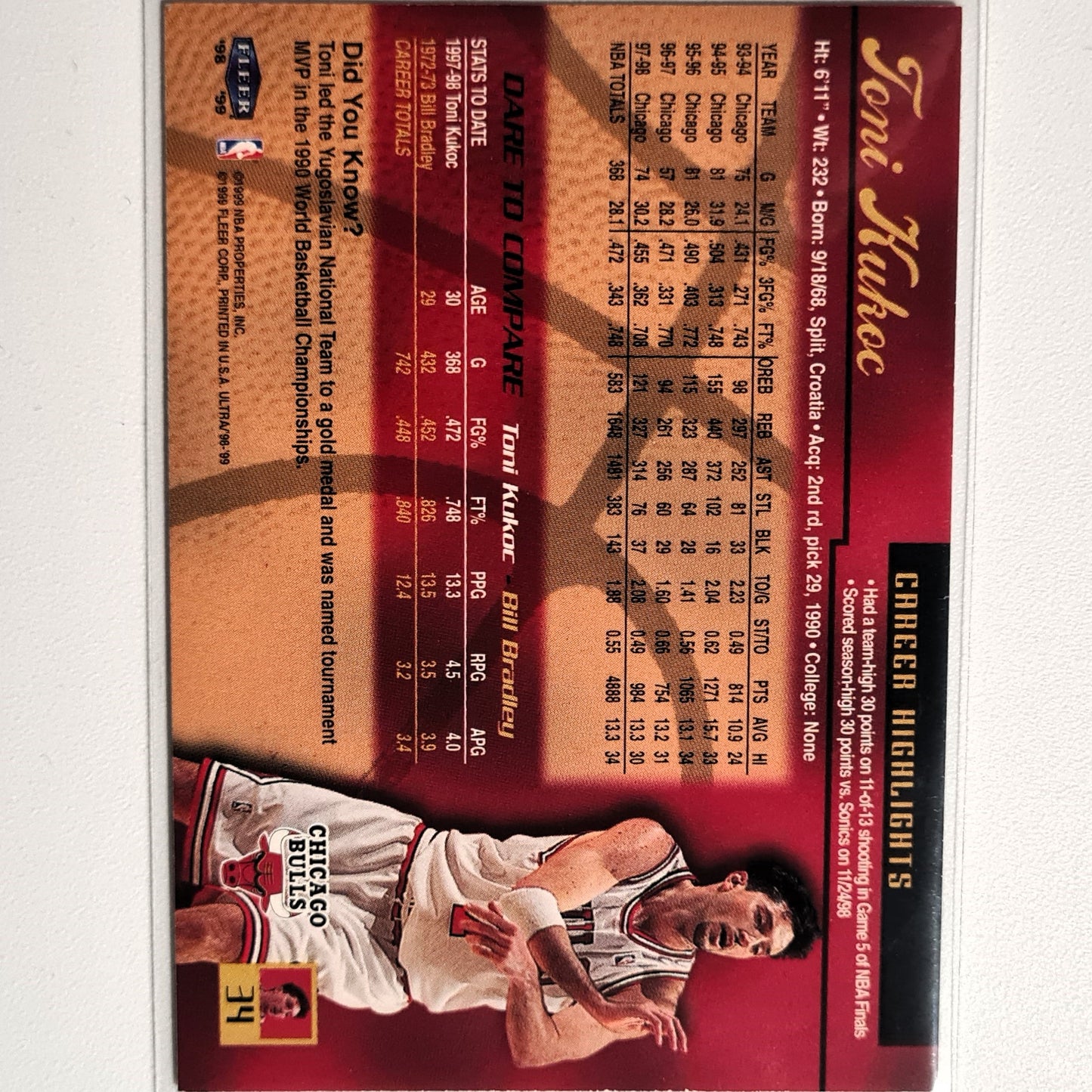 Toni Kukoc 1999 Fleer 98-99 #34 NBA Basketball Chicago Bulls Ausgezeichnete Ärmel
