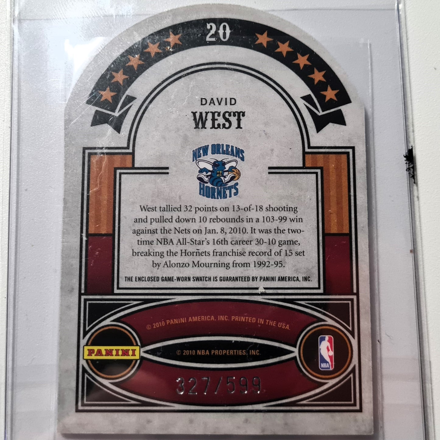 David West 2010 Panini Crowne Royale all-stars 327/599 relic patch #20 NBA Basketball Charlotte Hornets excellent Sleeved