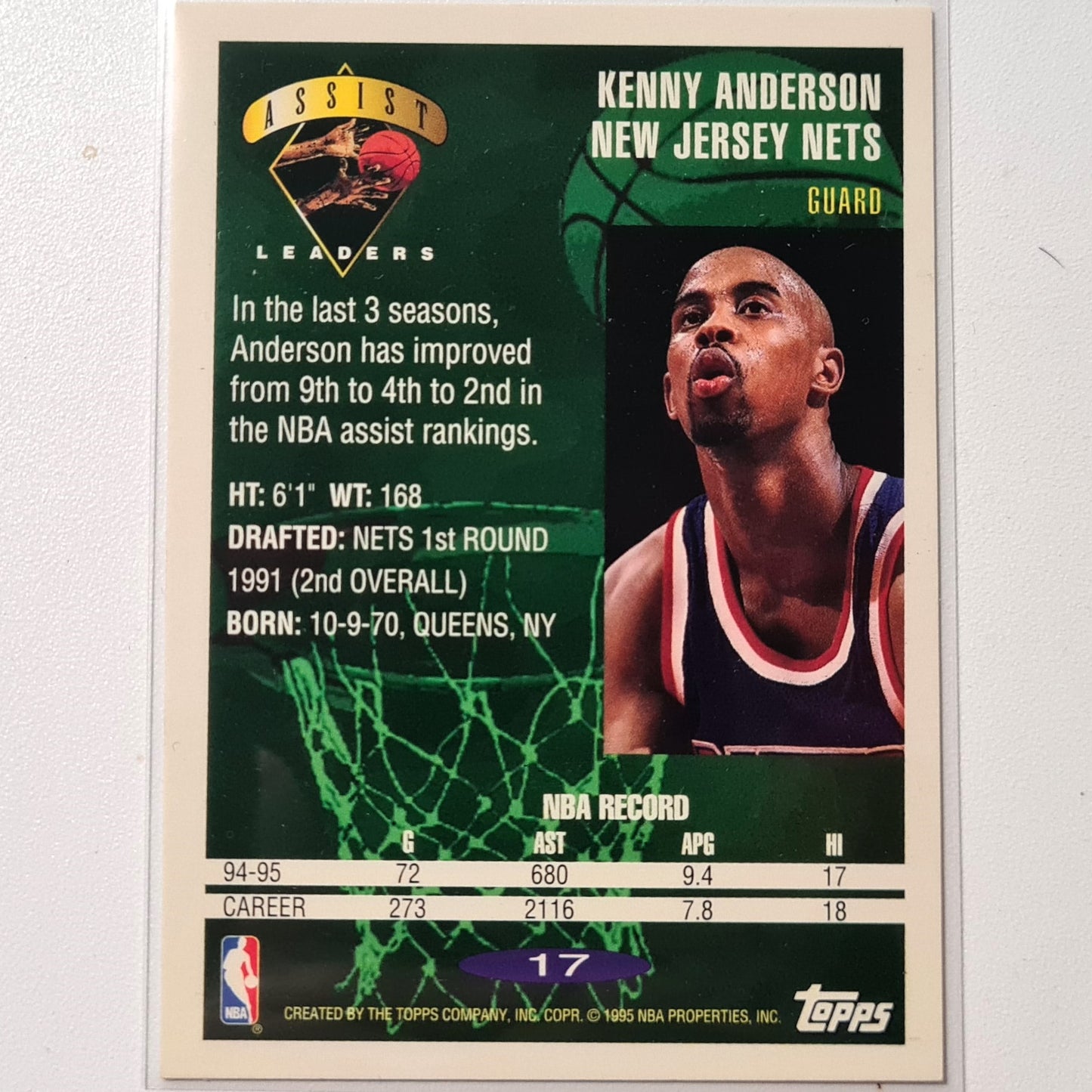 Kenny Anderson 1995 Topps Assist Leaders #17 NBA Basketball New Jersey Nets Excellent Sleeved