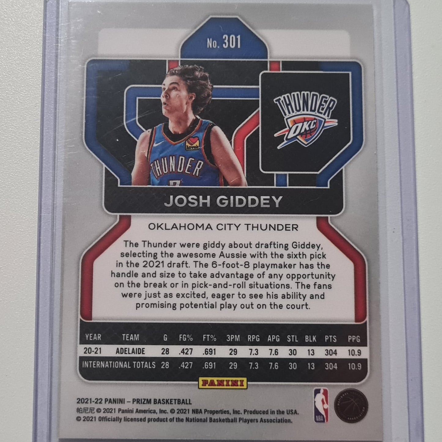 Josh Giddey 2021-22 Panini Prizm rookie RC Card #301 NBA Basketball Oklahoma Thunder City Mint sleeved