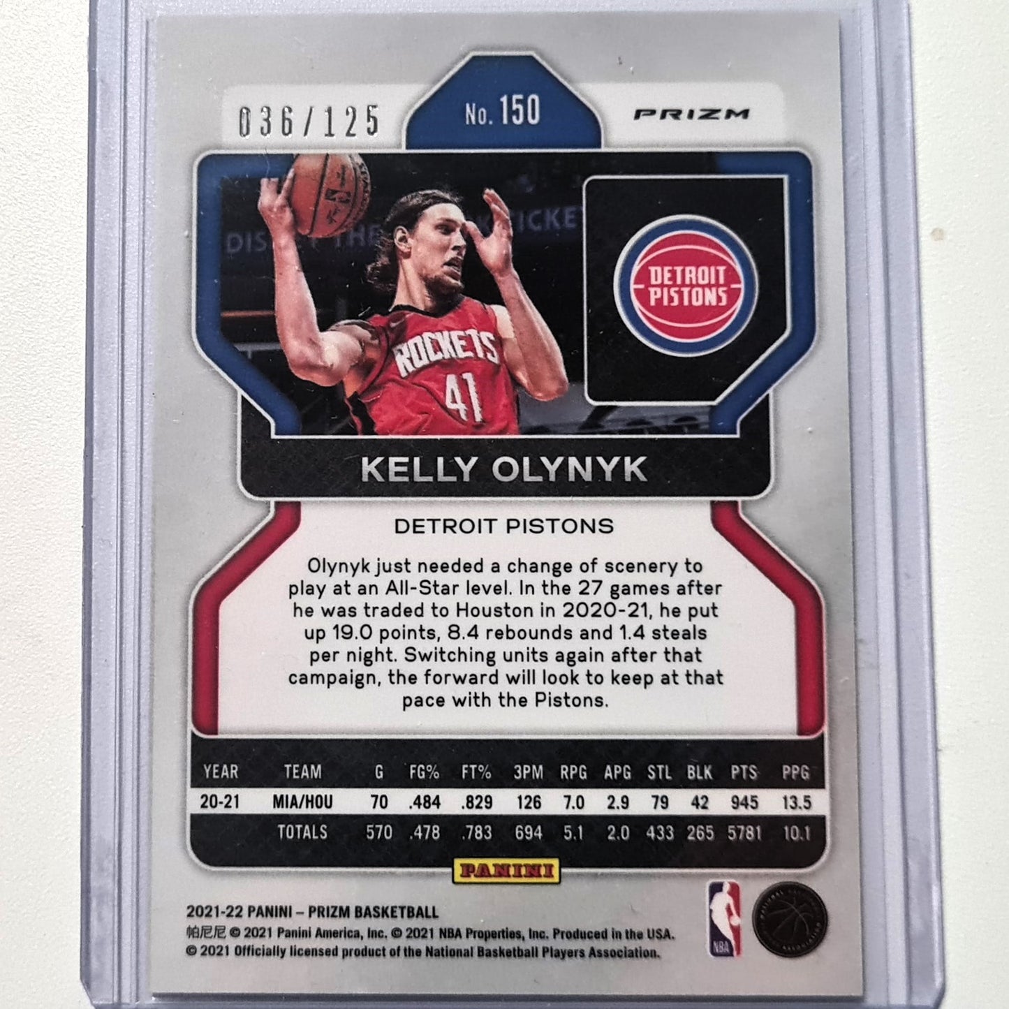 Kelly Olynyk 2021-22 Panini Prizm Blue Ice 036/125 #150 NBA Basketball Detroit Pistons Mint sleeved