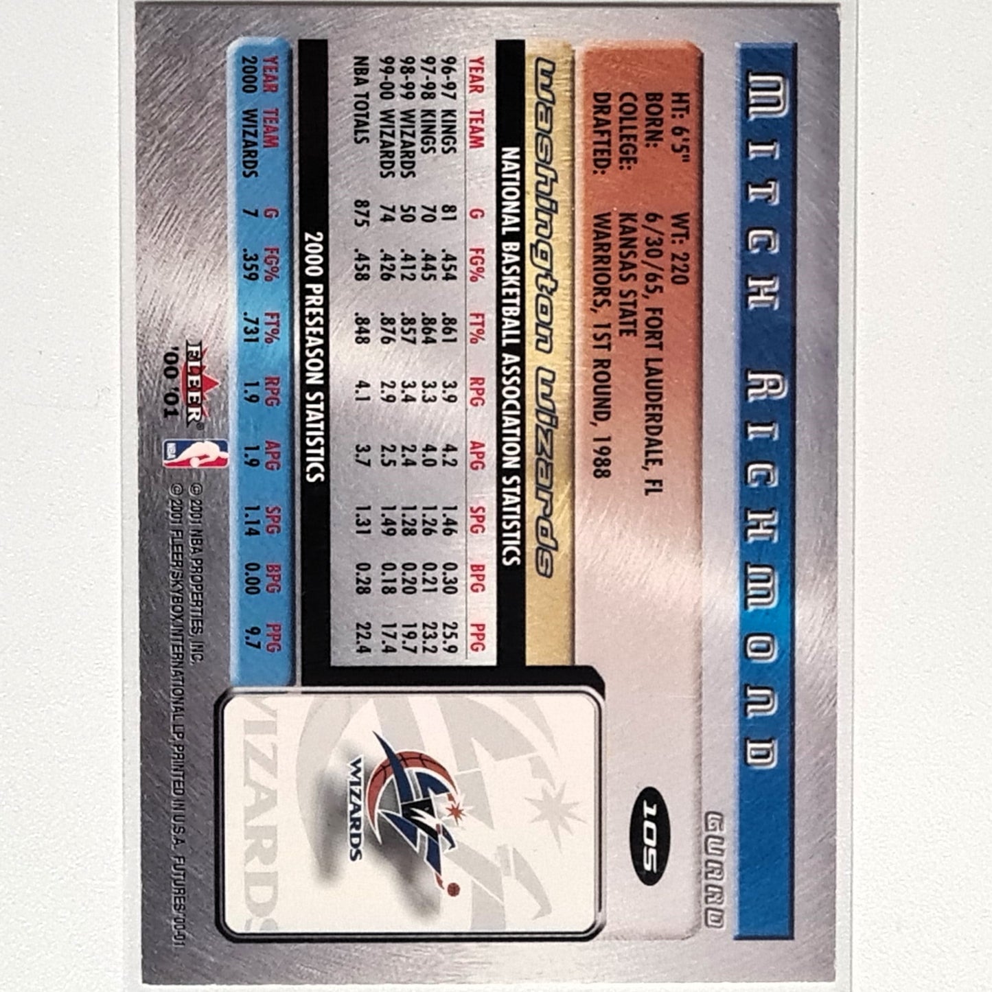 Mitch Richmond 2001 Fleer 00-01 Fleer futures #105 NBA Basketball Washington Wizards Excellent sleeved