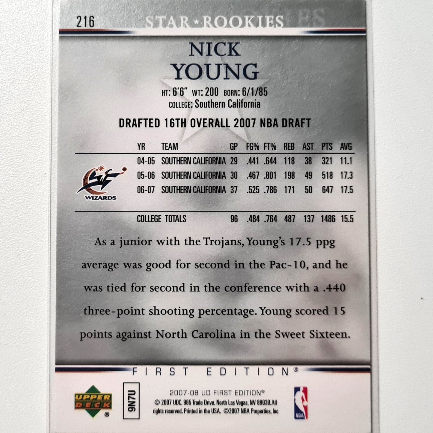 Nick Young 2007-08 Upper Deck first edition star rookies rookie RC #216 NBA Basketball usc/Washington Wizards excellent sleeved