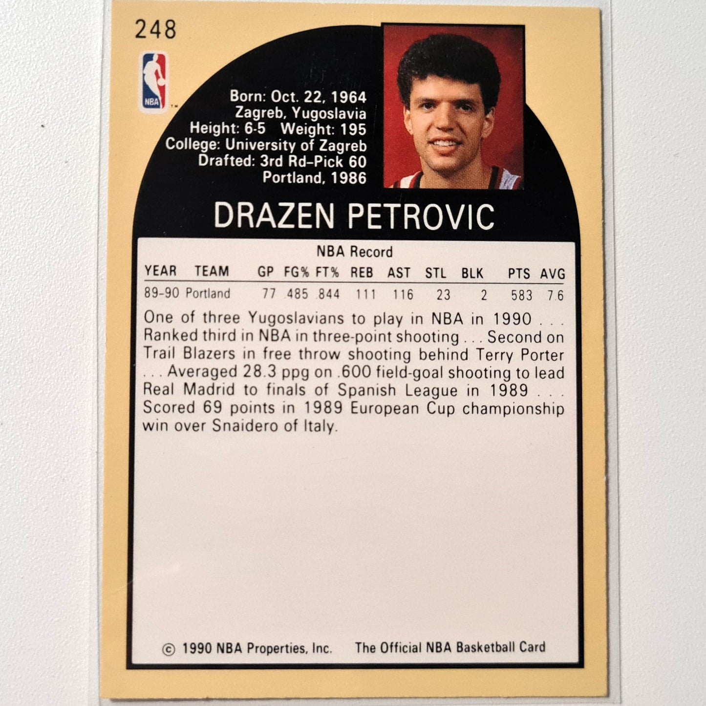 Drazen Petrovic 1990 Rookie RC NBA Hoops #248 NBA Basketball Portland Trail Blazers stunning sleeved