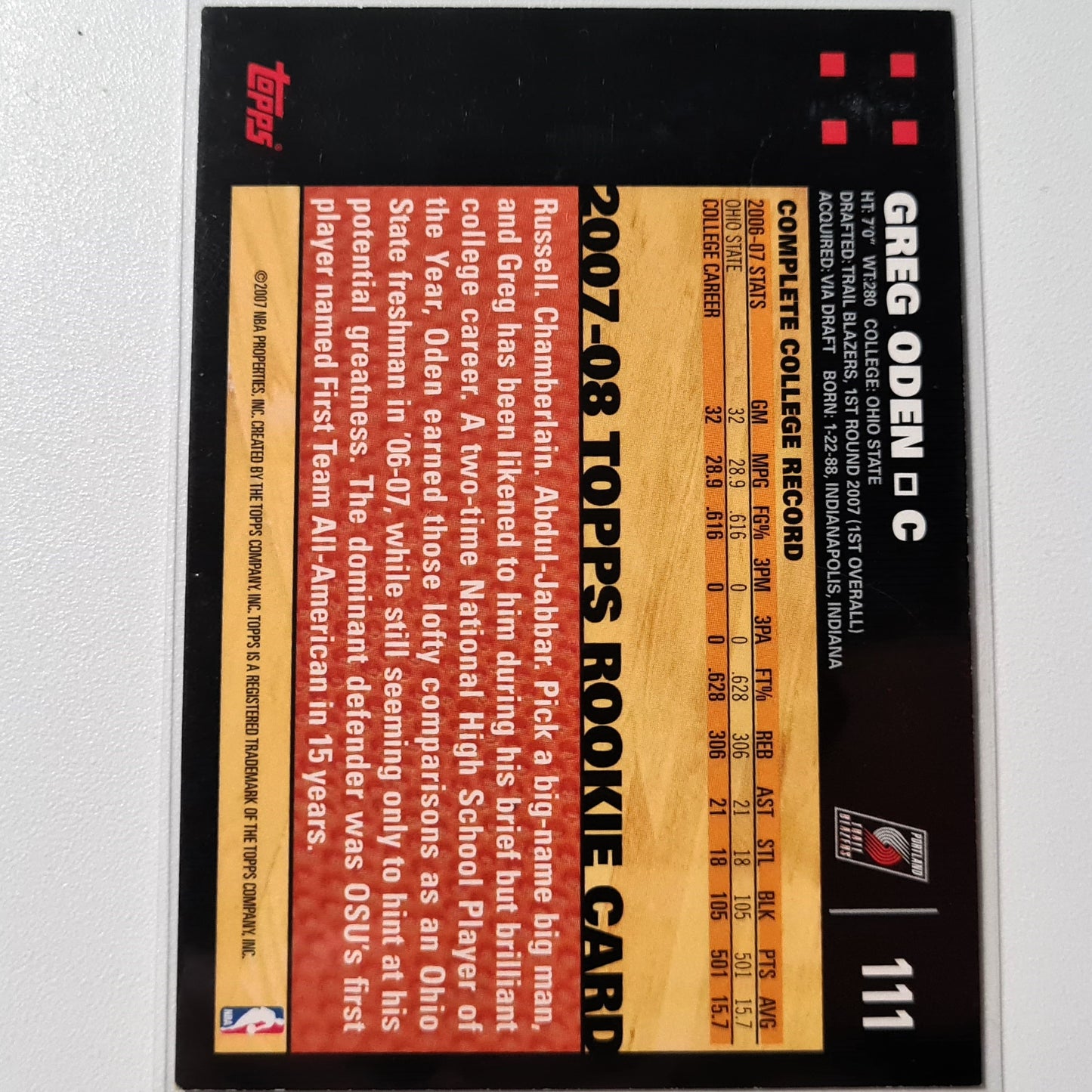 Greg Oden 2007-08 Rookie RC Topps 50th anniversary #111 NBA Basketball Portland Trail Blazers very good sleeved