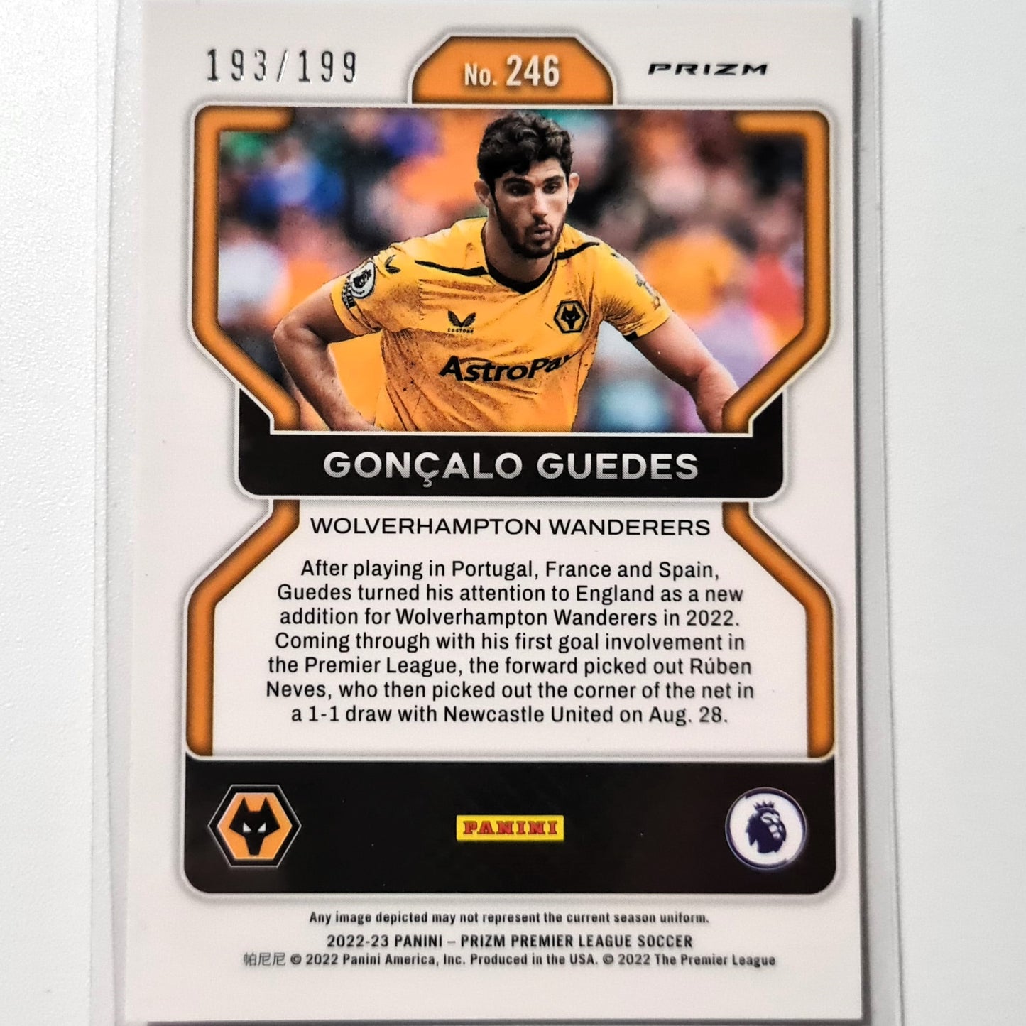Goncalo Guedes 2022-23 Panini Prizm Premier Pink 193/199 Nummeriert #246 Fußball Wolverhampton Wanderers Ausgezeichnet/Mintärmelig