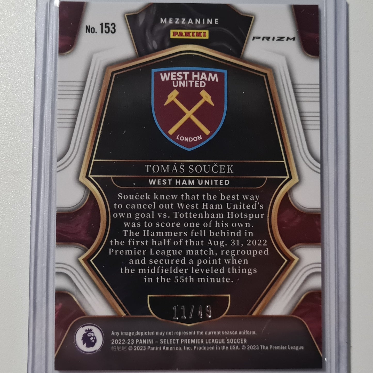 Tomas Soucer 2022-23 Panini Select premier league Prizm mezzanine Rainbow 11/49 numbered #153 Soccer West Ham United Excellent/Mint sleeved