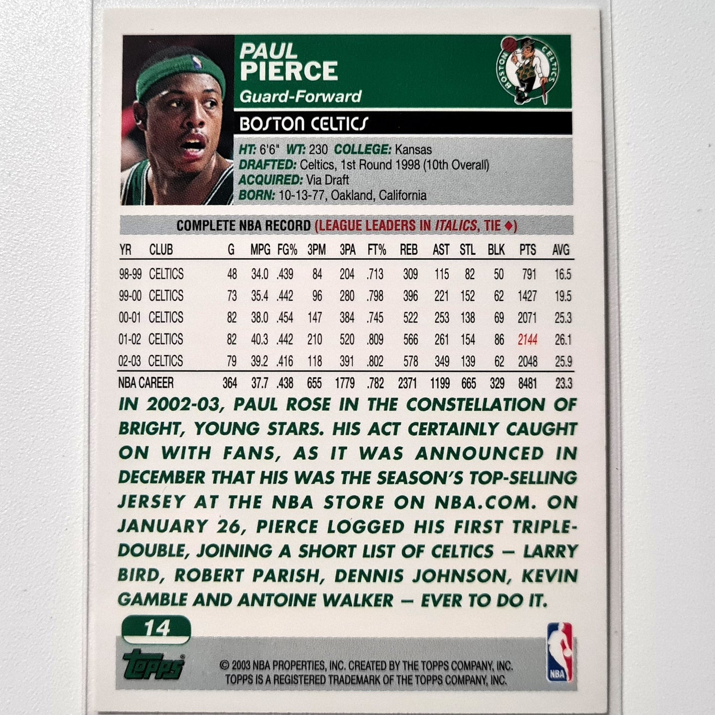 Paul Pierce 2003 2004 Topps #14 NBA Basketball Boston Celtics Excellent sleeved