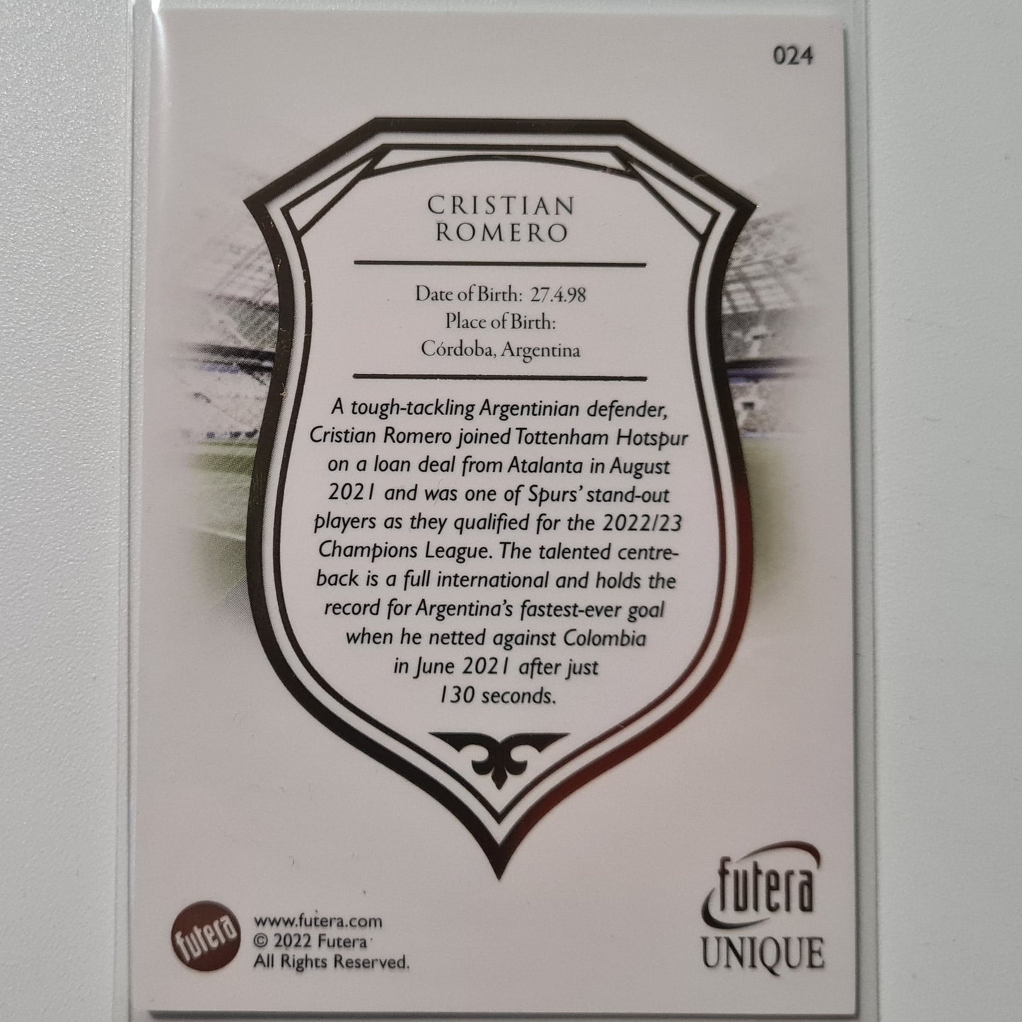 Cristian Romero 2022 Futera Unique World Soccer #024 Argentinien-Fußballkarte, Mintärmelig