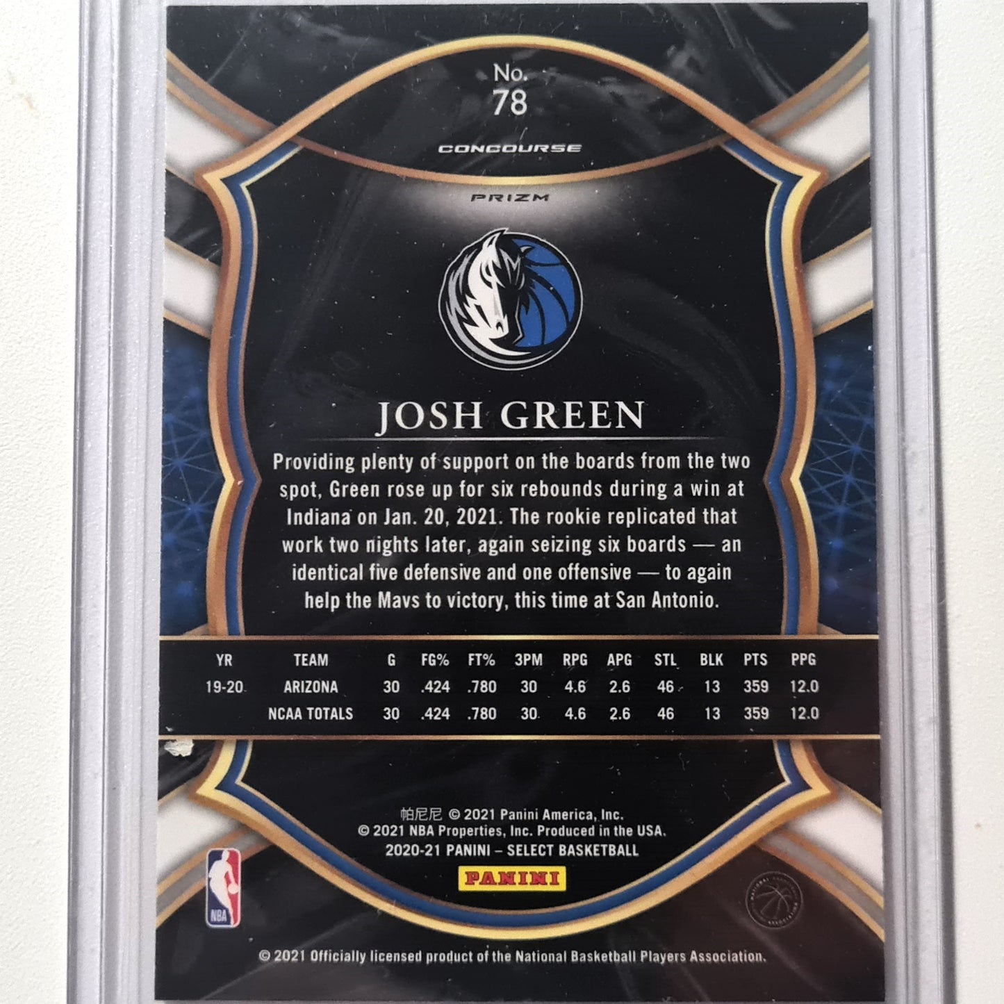 Josh Green 2020-21 Panini Select concourse Prizm refractor Rookie RC #78 NBA Basketball Dallas Mavericks Mint sleeved