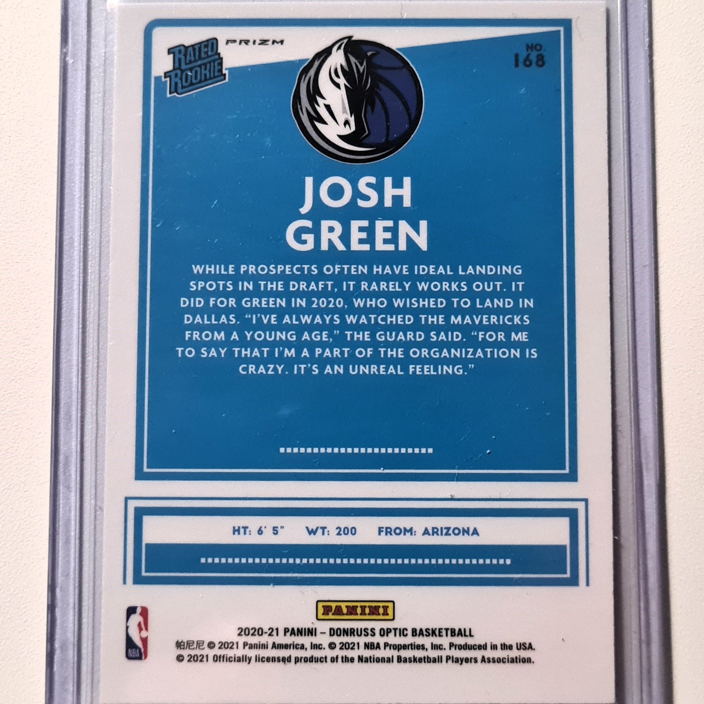 Josh Green 2020-21 Panini Donruss optic Rated Rookie prizm refractor RC #168 NBA Basketball Dallas Mavericks Excellent sleeved